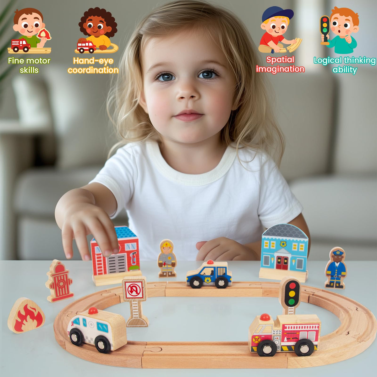 WOODENFUN Police Train Set for Toddlers – Expandable, Brio/Thomas Compatible