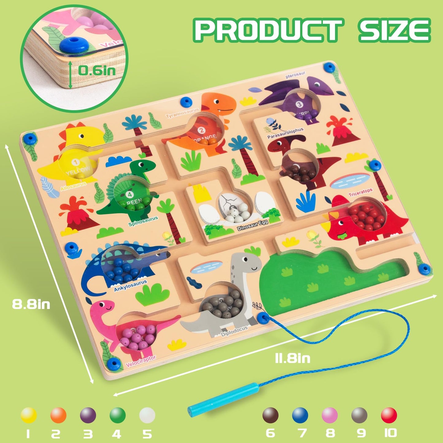WoodenFun Magnetic Color & Number Maze — Montessori Puzzle Board for Toddlers (3-6) Dinosaur