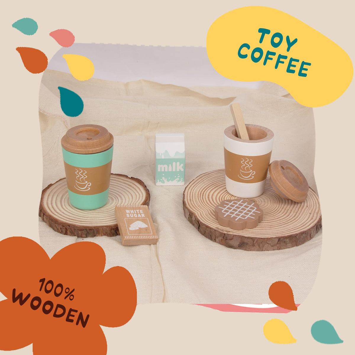 WOODENFUN Pretend Play Coffee Cup Toys — Wooden Kitchen Accessories for Kids