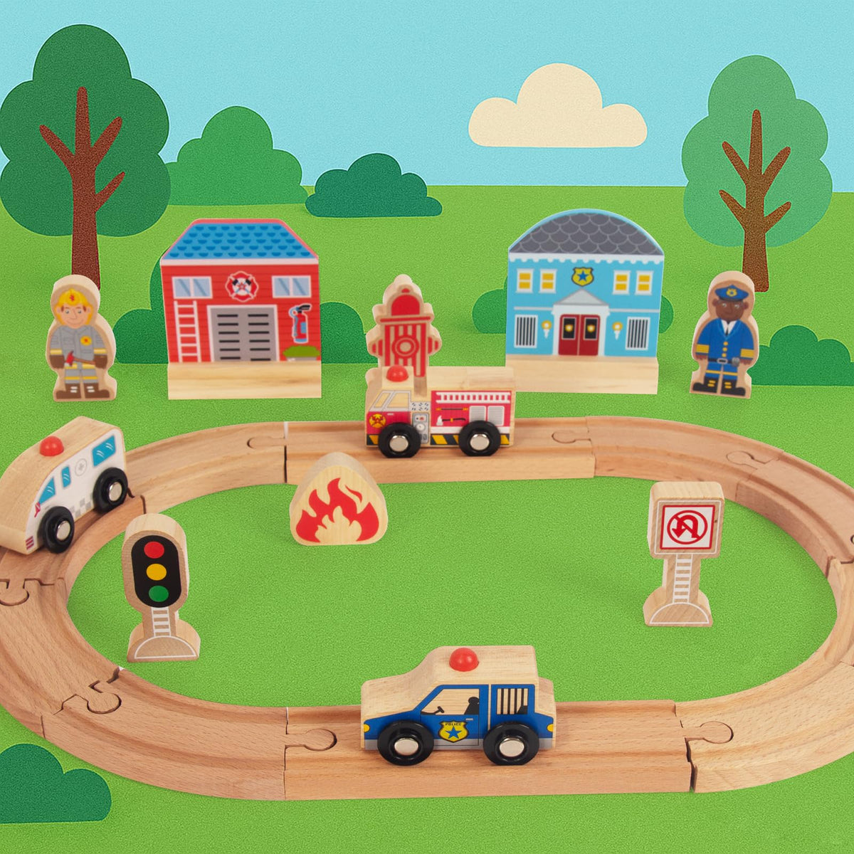 WOODENFUN Police Train Set for Toddlers – Expandable, Brio/Thomas Compatible