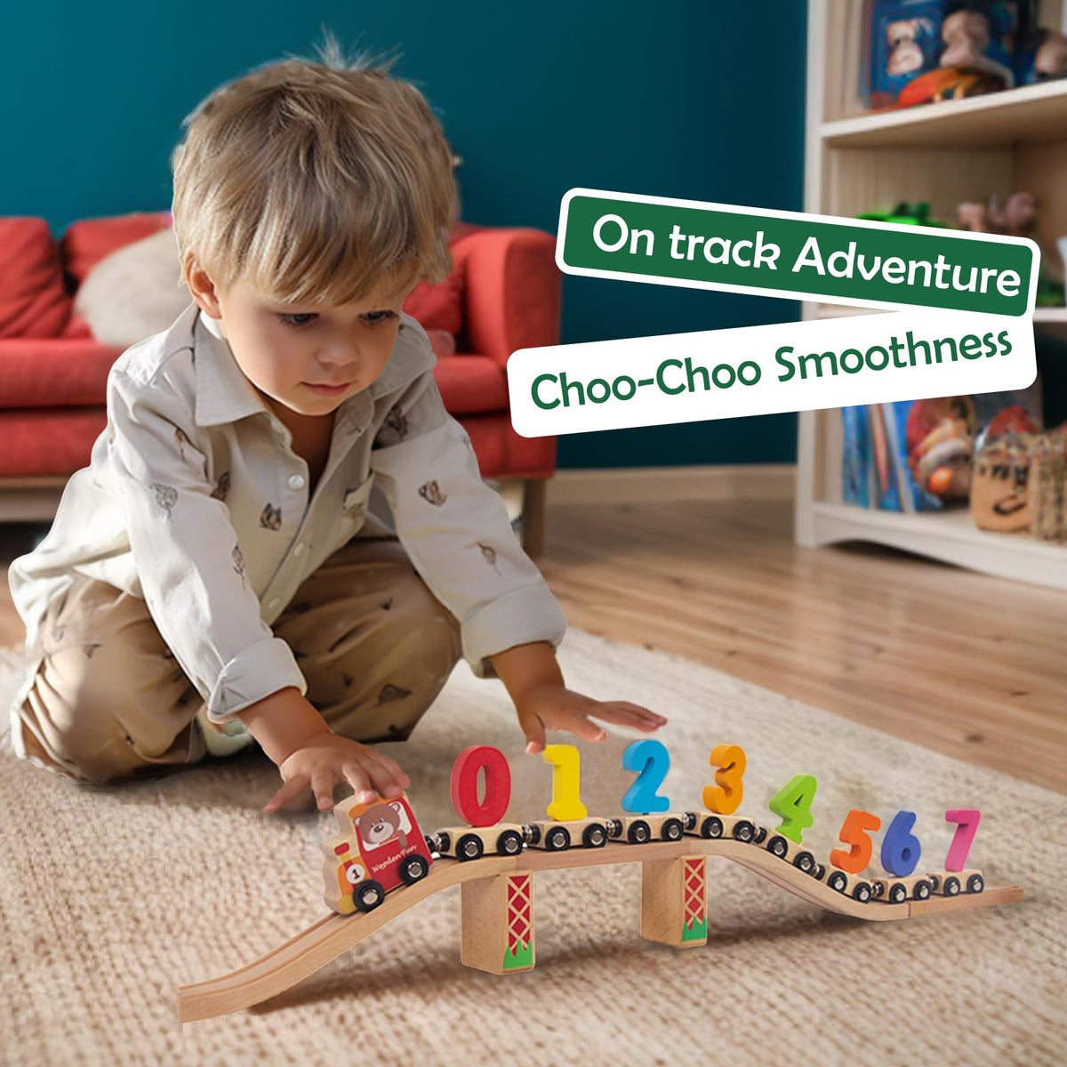 WOODENFUN Number Train Set for Toddlers 1–3 – Montessori Wooden Trains (Red)