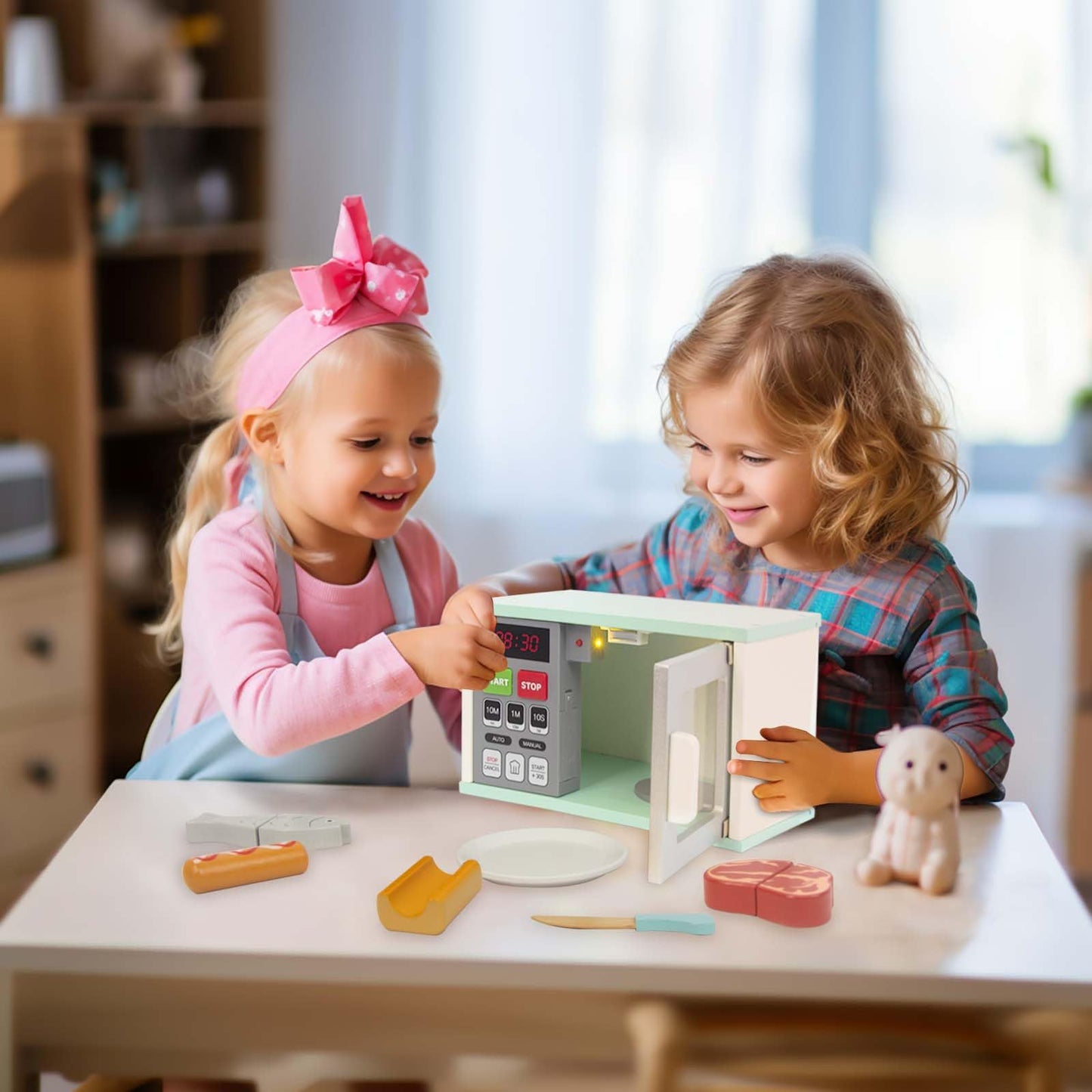 WOODENFUN Toddler Play Kitchen: Wooden Microwave with Light and Realistic Sound
