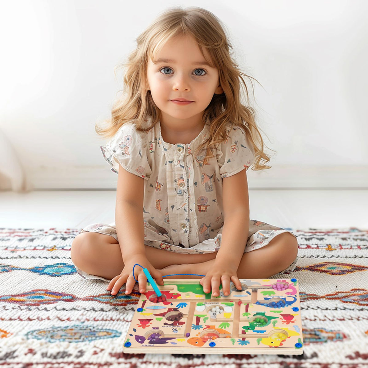 WoodenFun Magnetic Color & Number Maze — Montessori Puzzle Board for Toddlers (3-6) Dinosaur