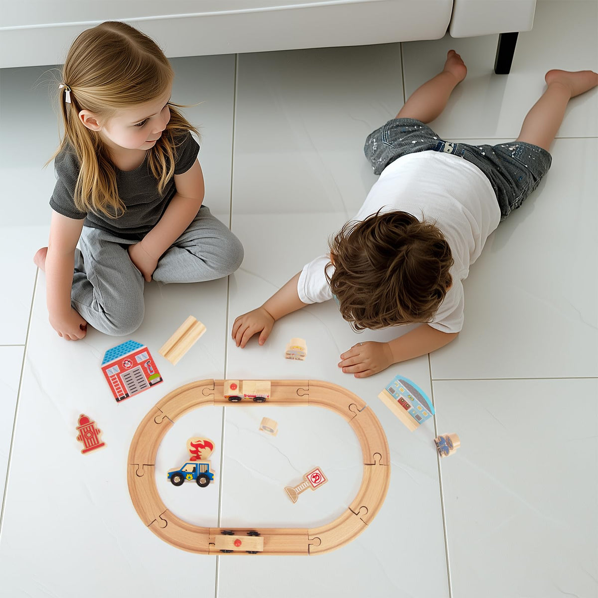 WOODENFUN Police Train Set for Toddlers – Expandable, Brio/Thomas Compatible