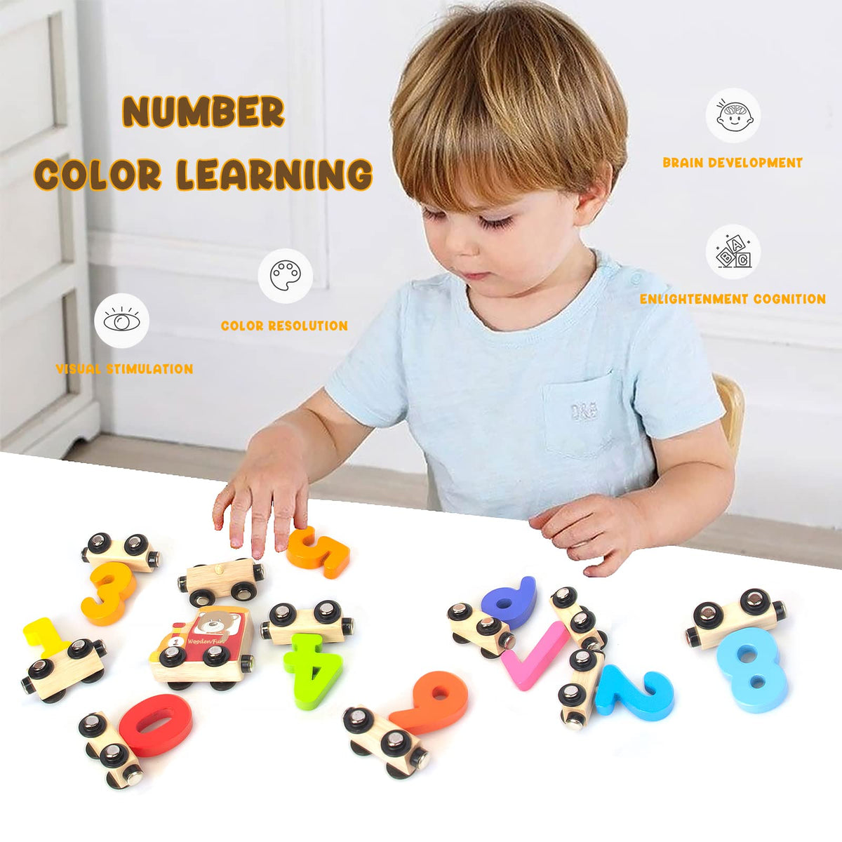 WOODENFUN Number Train Set for Toddlers 1–3 – Montessori Wooden Trains (Red)