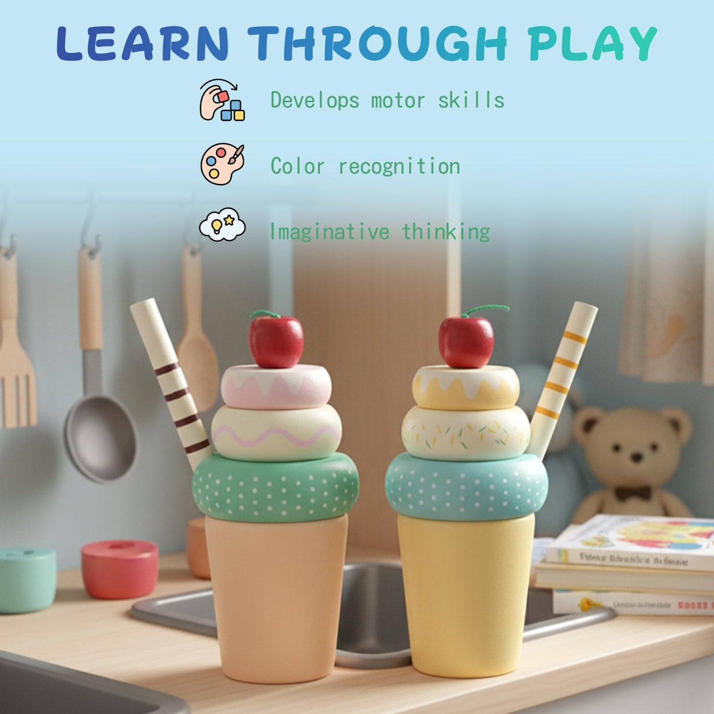 WOODENFUN Wooden Ice Cream Toys for Kids – Pretend Play Food Set for Toddlers 1-3
