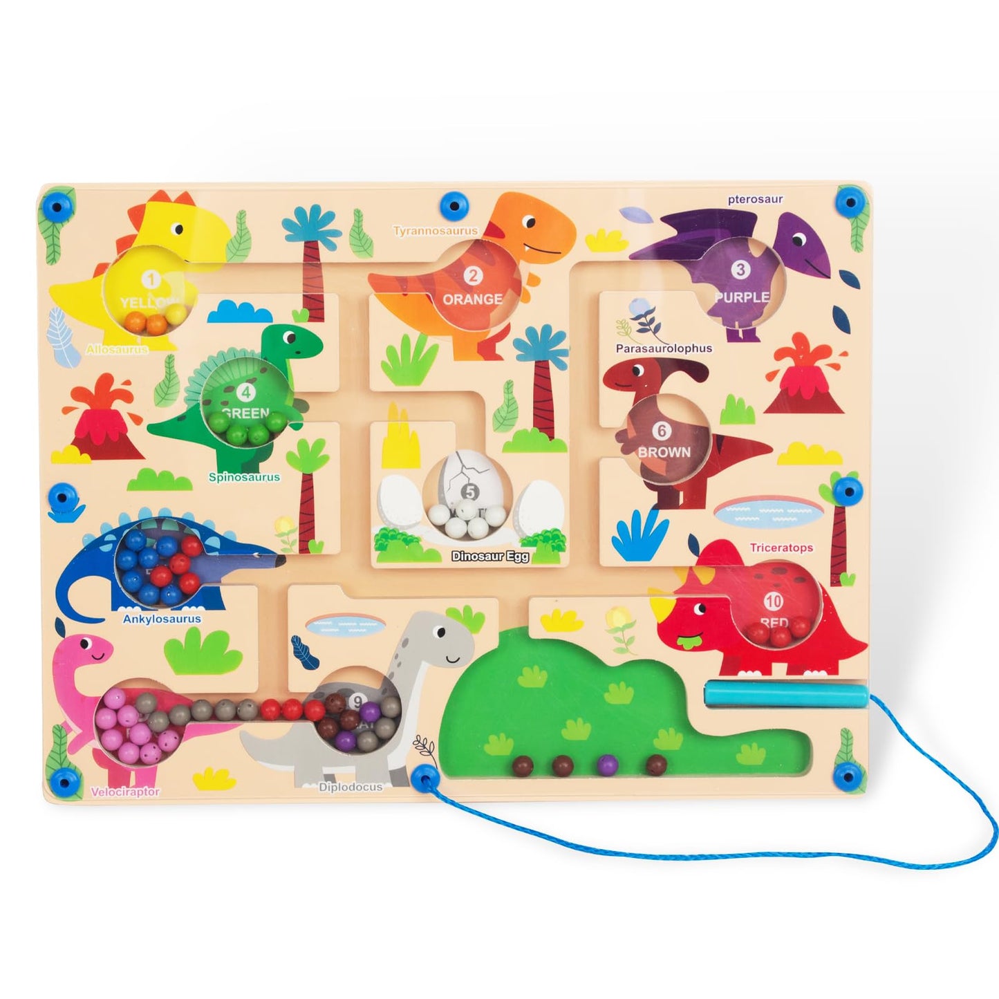 WoodenFun Magnetic Color & Number Maze — Montessori Puzzle Board for Toddlers (3-6) Dinosaur