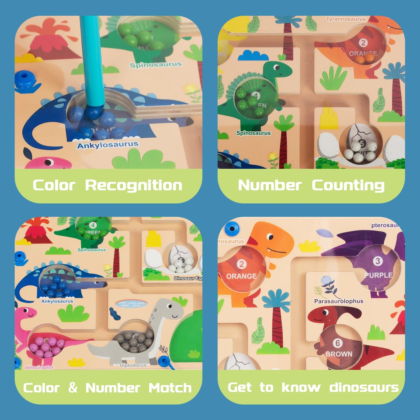 WoodenFun Magnetic Color & Number Maze — Montessori Puzzle Board for Toddlers (3-6) Dinosaur