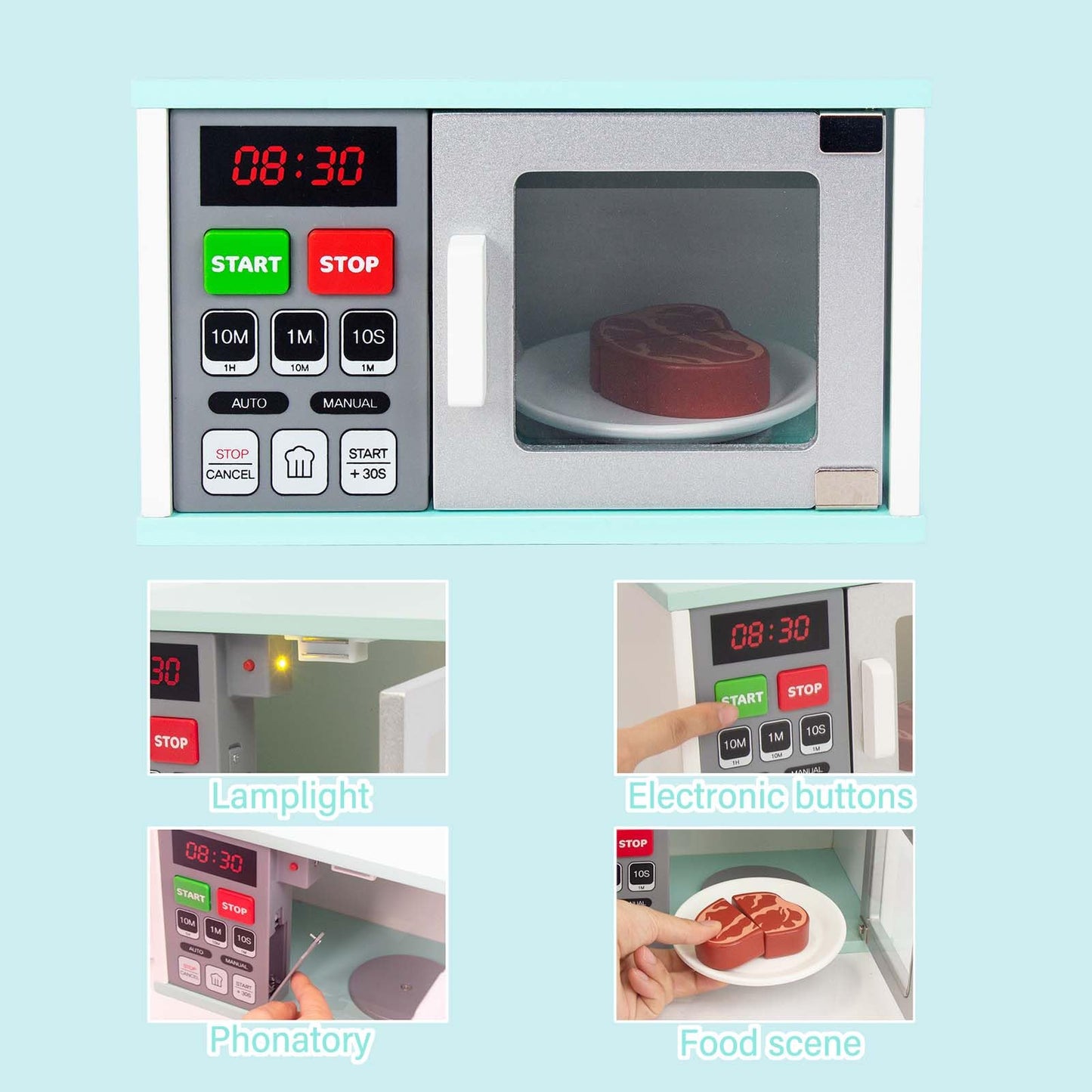 WOODENFUN Toddler Play Kitchen: Wooden Microwave with Light and Realistic Sound