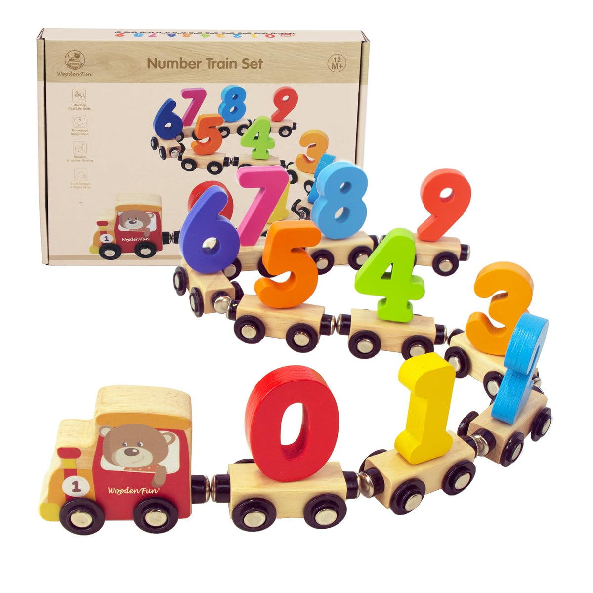 WOODENFUN Number Train Set for Toddlers 1–3 – Montessori Wooden Trains (Red)