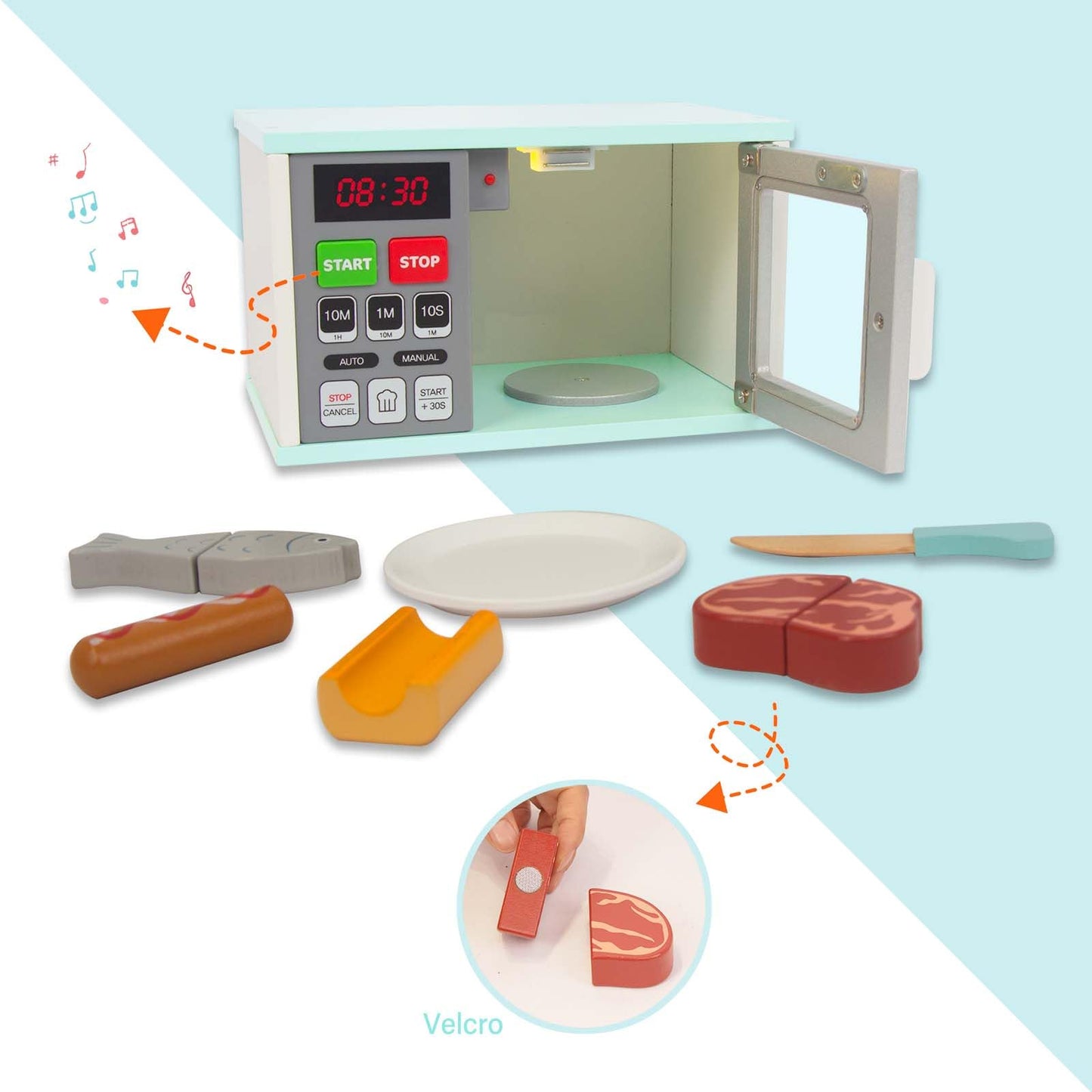 WOODENFUN Toddler Play Kitchen: Wooden Microwave with Light and Realistic Sound