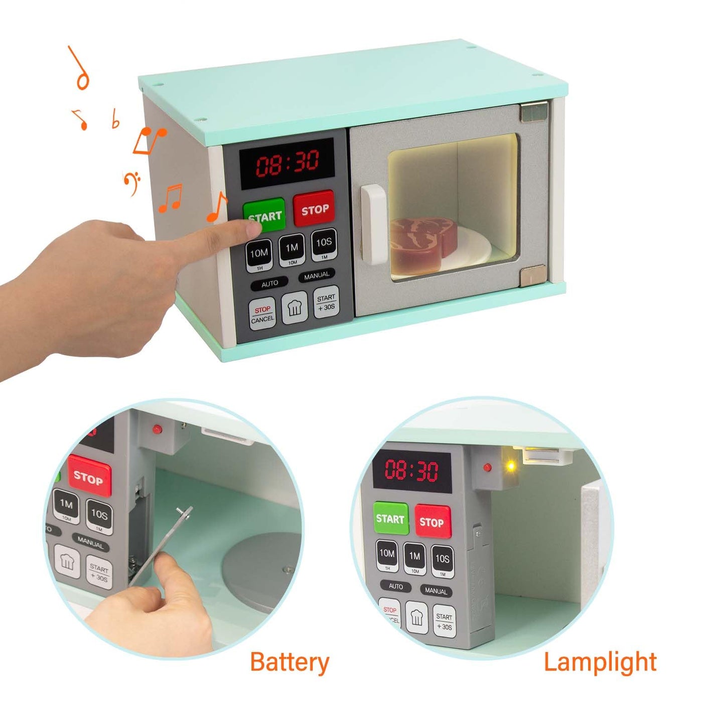 WOODENFUN Toddler Play Kitchen: Wooden Microwave with Light and Realistic Sound