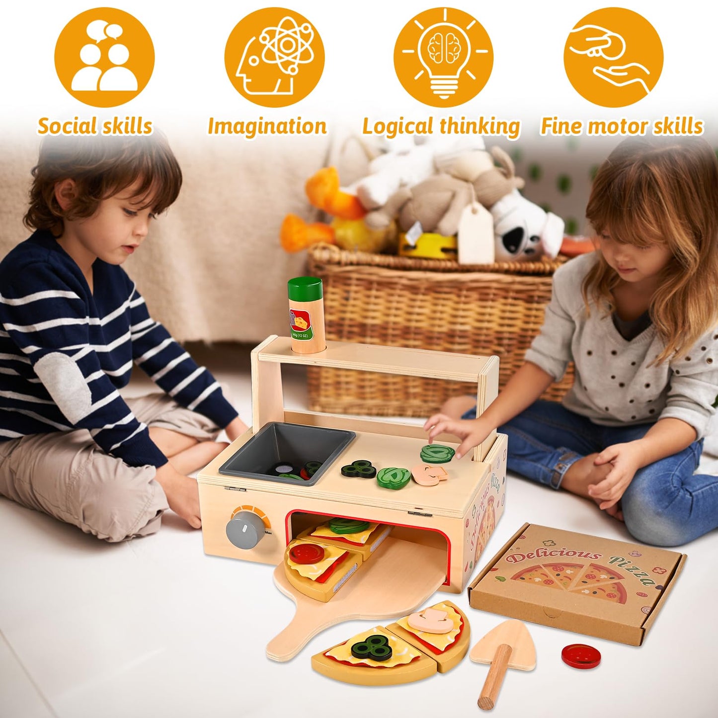 Wooderma 50-Piece Wooden Pizza Toy Set | Montessori Pretend Play with Oven & Accessories