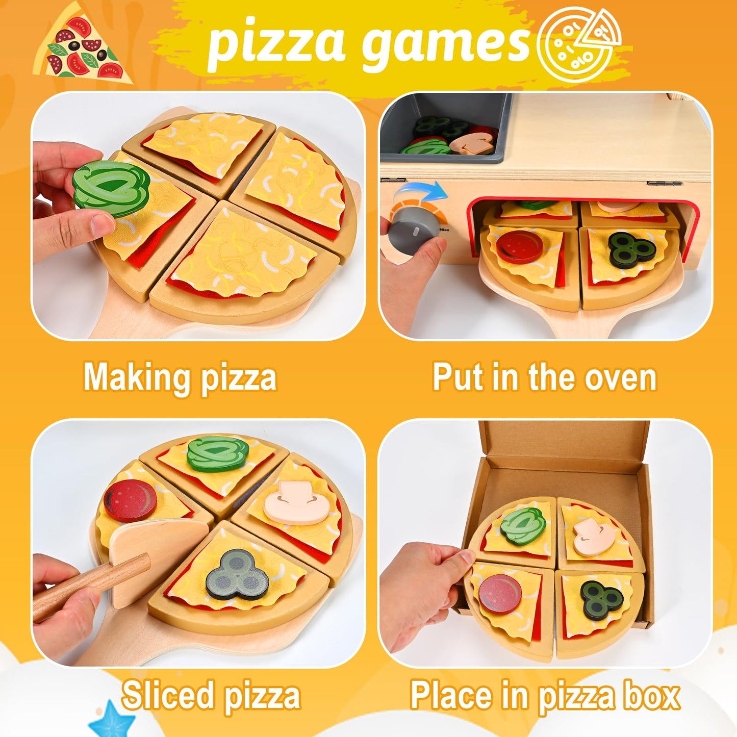 Wooderma 50-Piece Wooden Pizza Toy Set | Montessori Pretend Play with Oven & Accessories