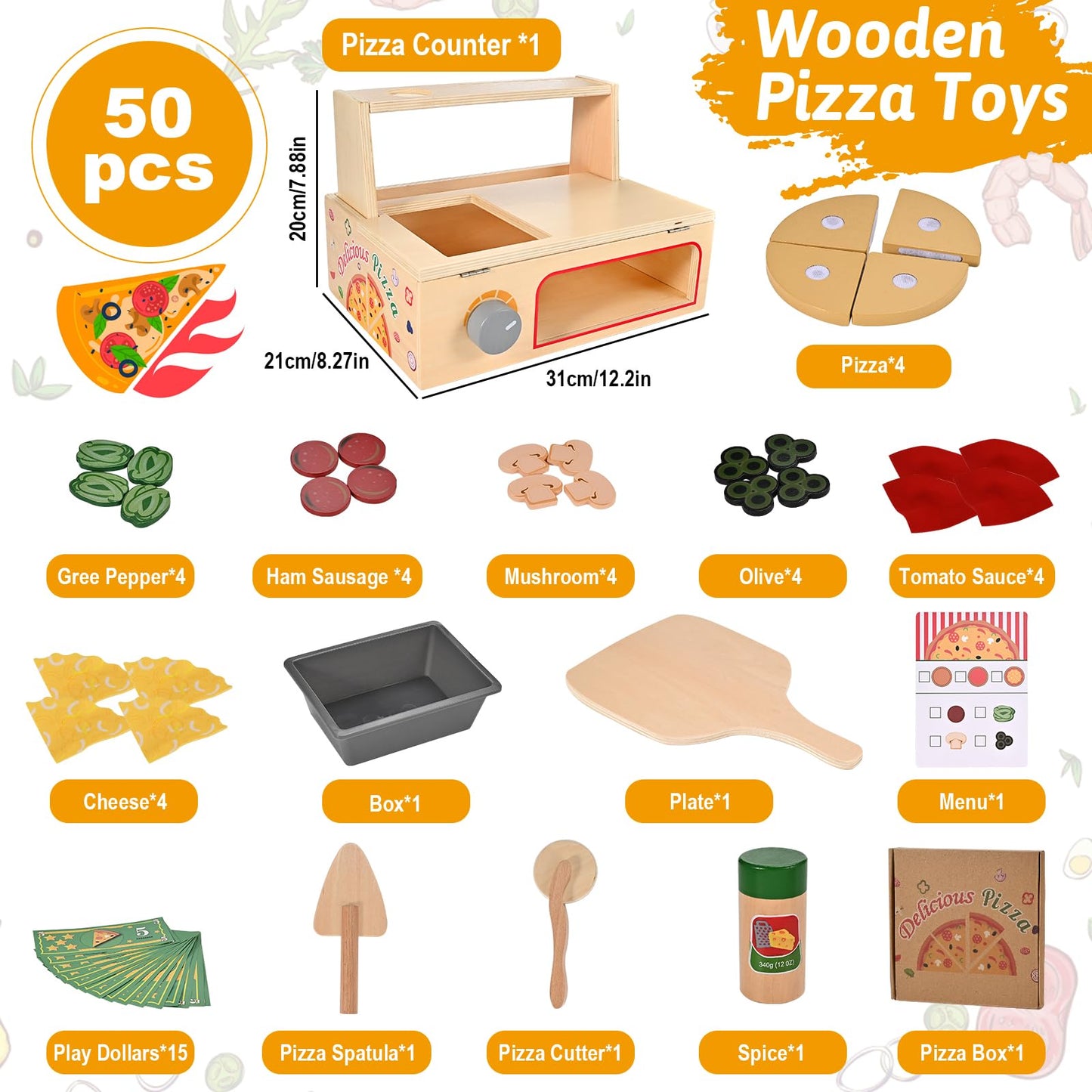 Wooderma 50-Piece Wooden Pizza Toy Set | Montessori Pretend Play with Oven & Accessories