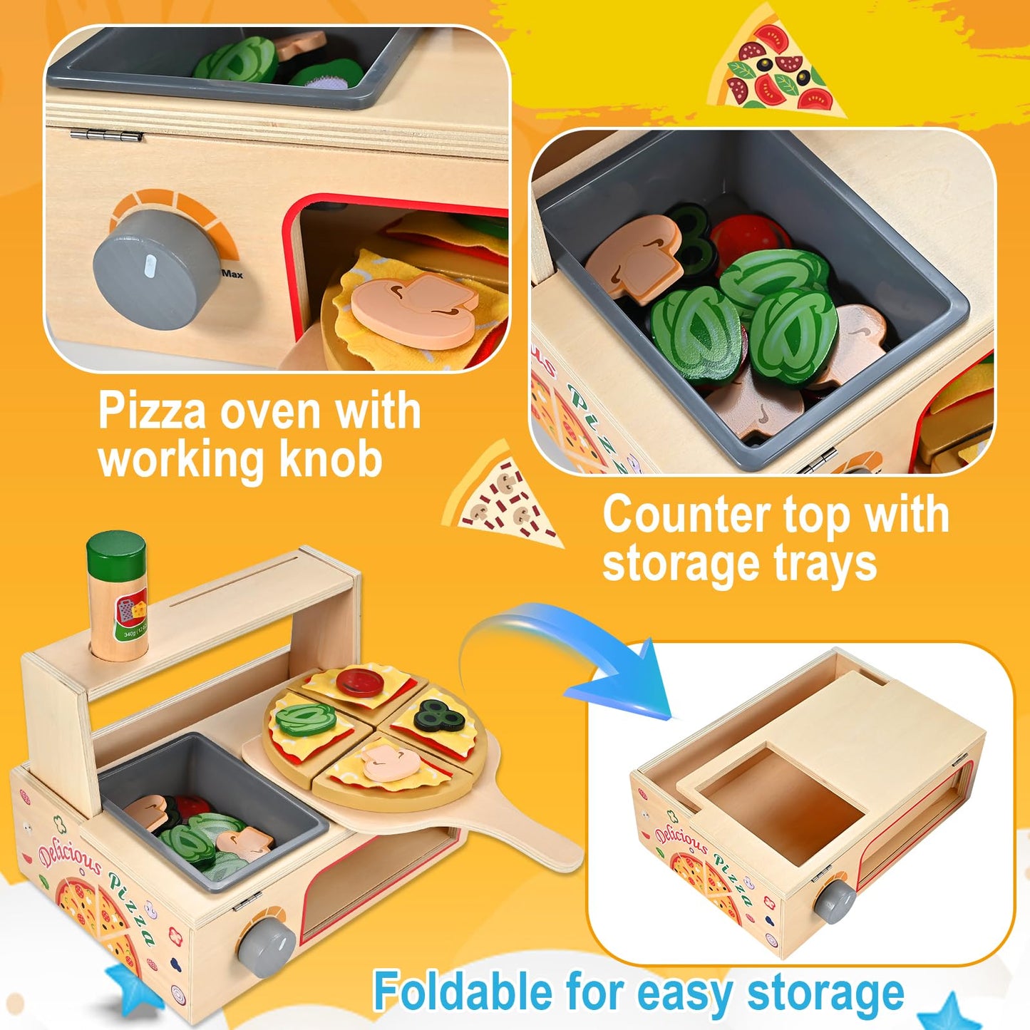 Wooderma 50-Piece Wooden Pizza Toy Set | Montessori Pretend Play with Oven & Accessories