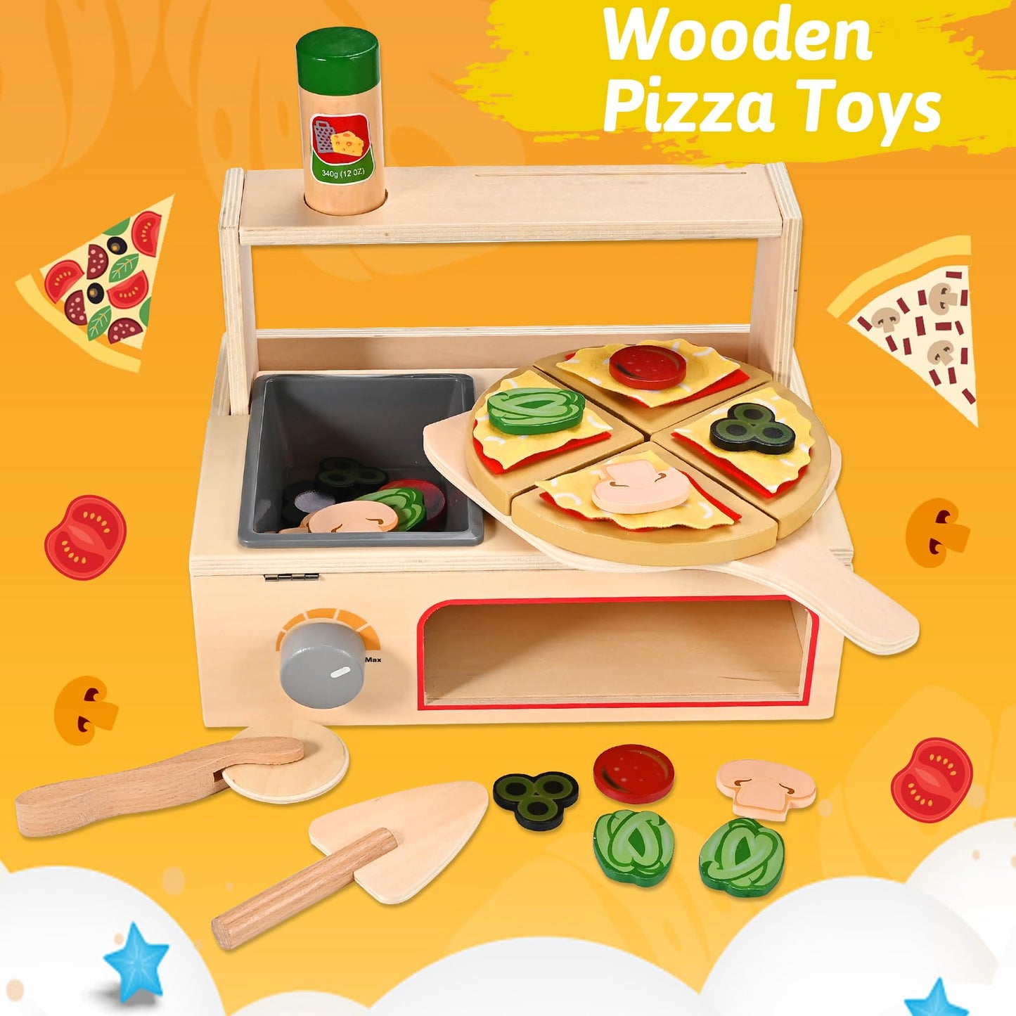 Wooderma 50-Piece Wooden Pizza Toy Set | Montessori Pretend Play with Oven & Accessories