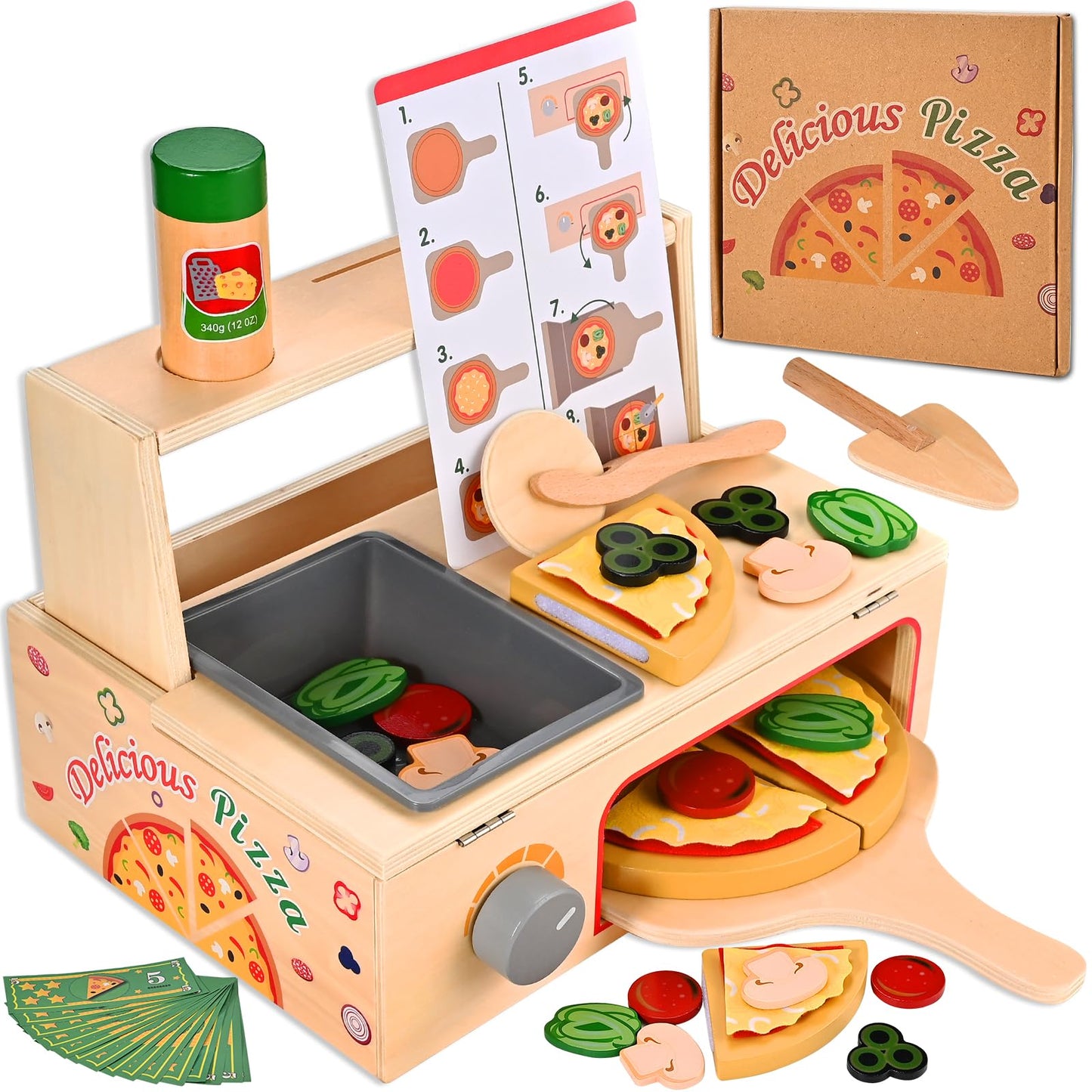 Wooderma 50-Piece Wooden Pizza Toy Set | Montessori Pretend Play with Oven & Accessories