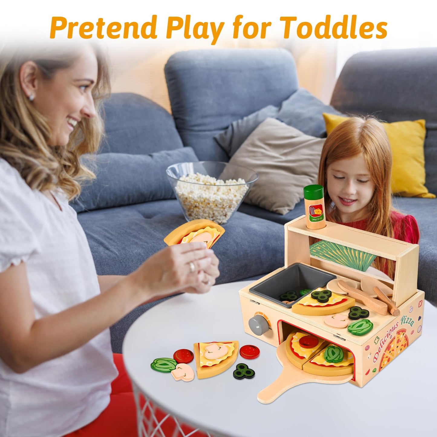 Wooderma 50-Piece Wooden Pizza Toy Set | Montessori Pretend Play with Oven & Accessories
