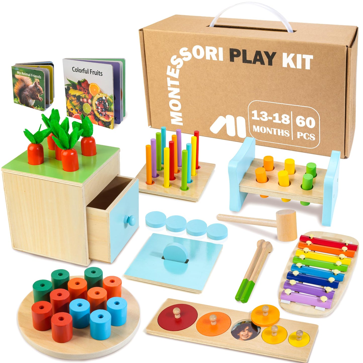 Woodmam 9-in-1 Wooden Montessori Toys for Toddlers 12-18 Months | Educational Box, Xylophone & More
