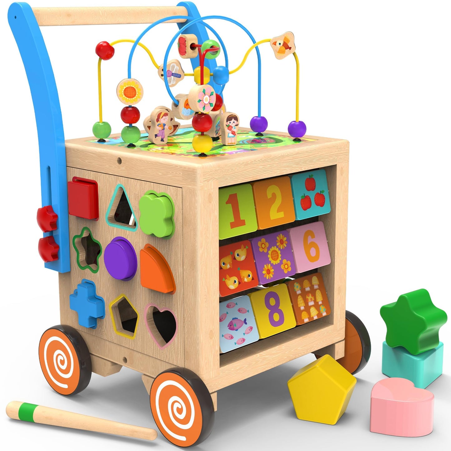WOODMAM 9-in-1 Wooden Activity Cube & Baby Walker – Height & Brake Adjustable, Montessori-Inspired Learning