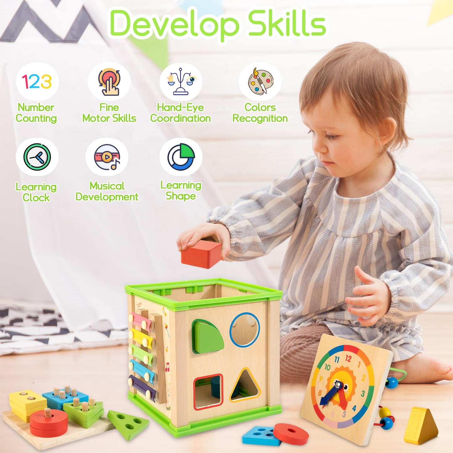 WOODMAM Wooden 7-in-1 Activity Cube | Montessori Toys for Toddlers 1-3