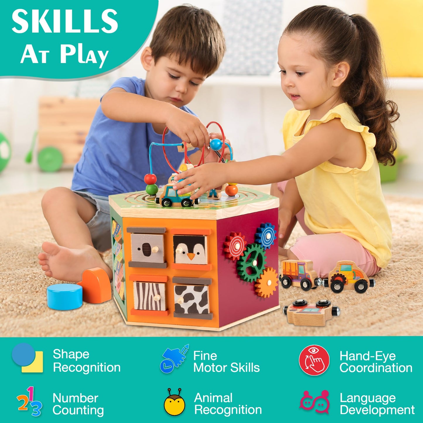 WOODMAM Large Activity Cube – 9-in-1 Farm-Themed Wooden Play Center for 1-2 Year Olds | Bonus Magnetic Train Cars