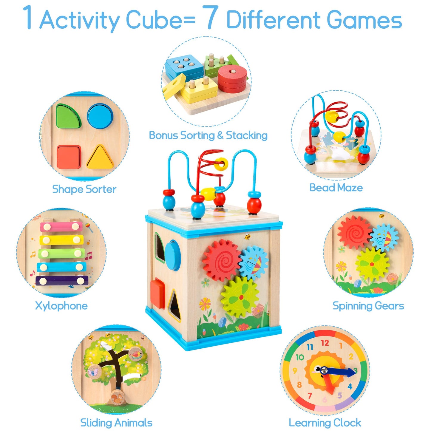 WOODMAM Wooden 7-in-1 Activity Cube for Toddlers | Montessori Toy & Learning Gift for 1-Year-Olds