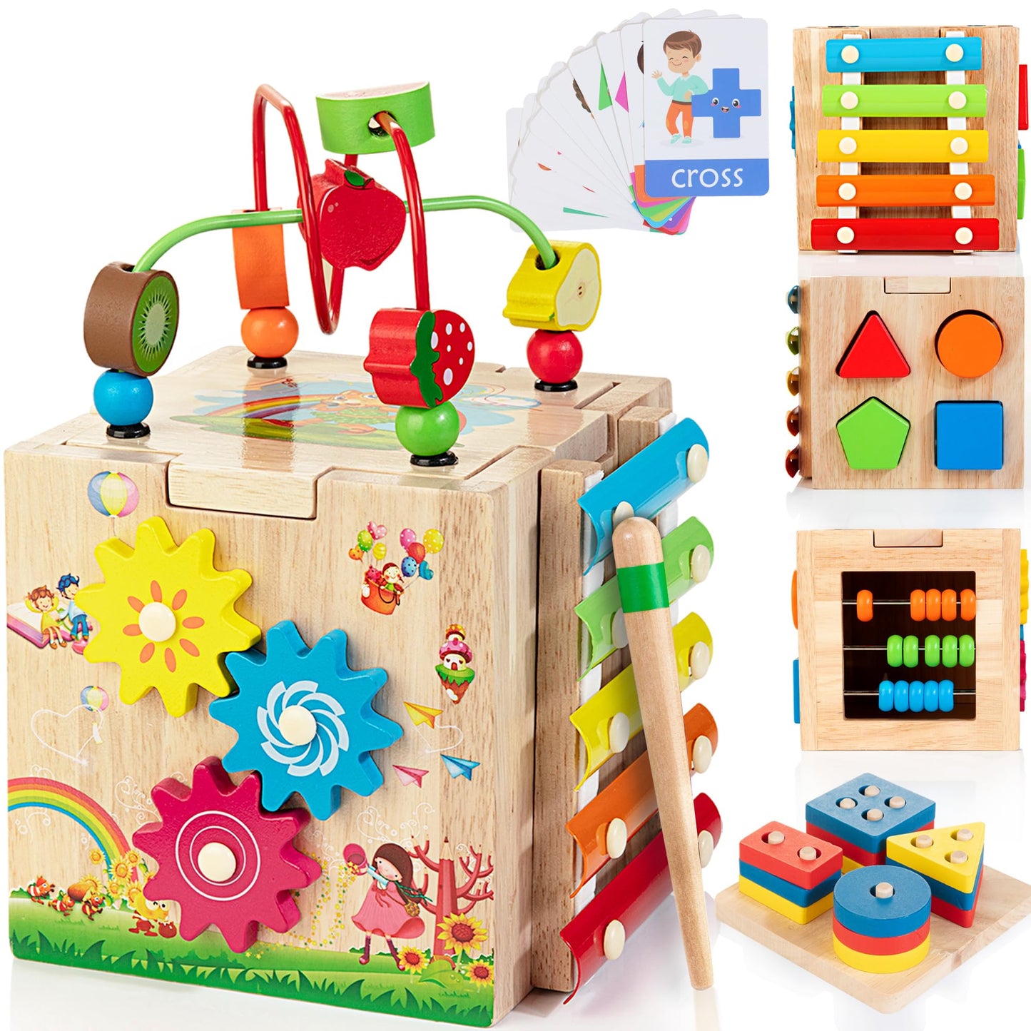 WOODMAM Bravmate 8-in-1 Wooden Activity Cube for Toddlers (18m+) | Montessori Learning Toy