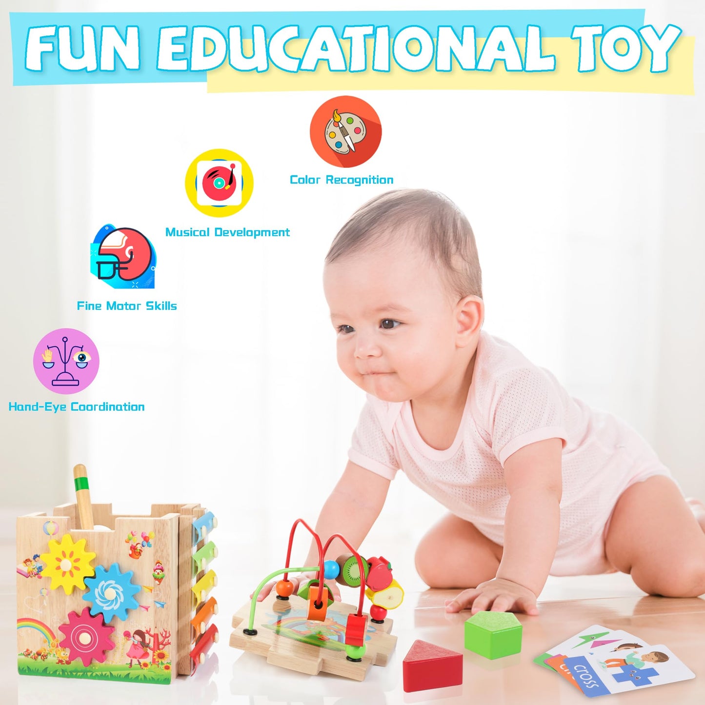 WOODMAM Bravmate 8-in-1 Wooden Activity Cube for Toddlers (18m+) | Montessori Learning Toy
