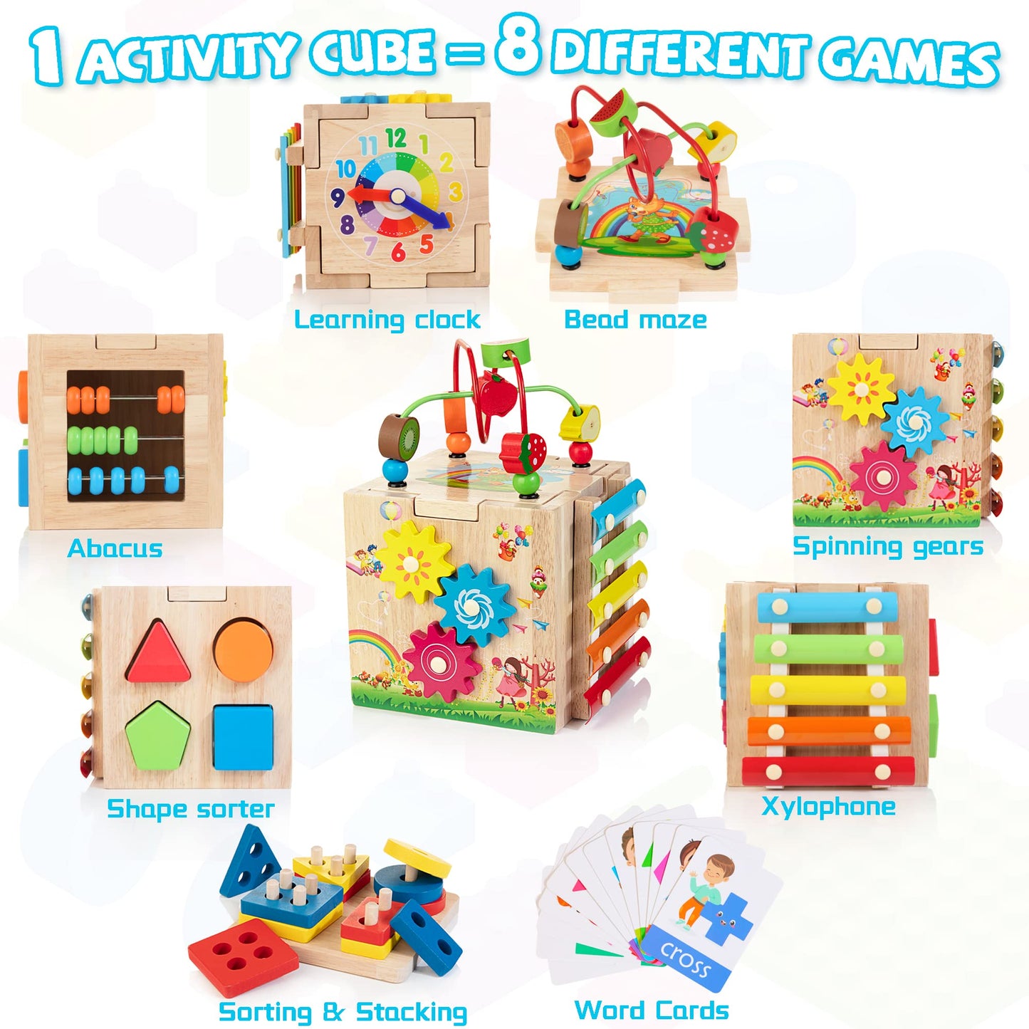 WOODMAM Bravmate 8-in-1 Wooden Activity Cube for Toddlers (18m+) | Montessori Learning Toy