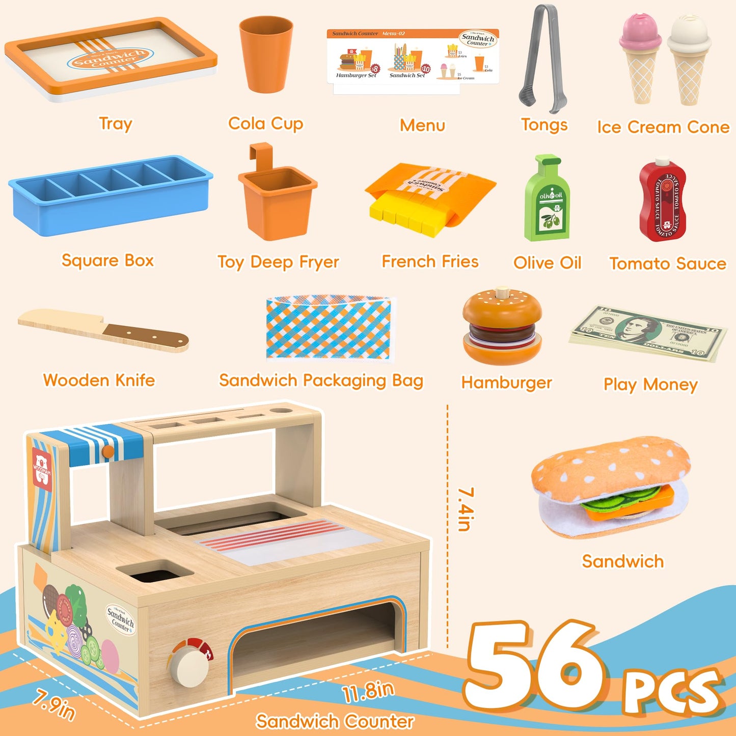 WOODMAM Foldable Wooden Play Food Sandwich Counter – 56-Piece Kitchen Set for Kids