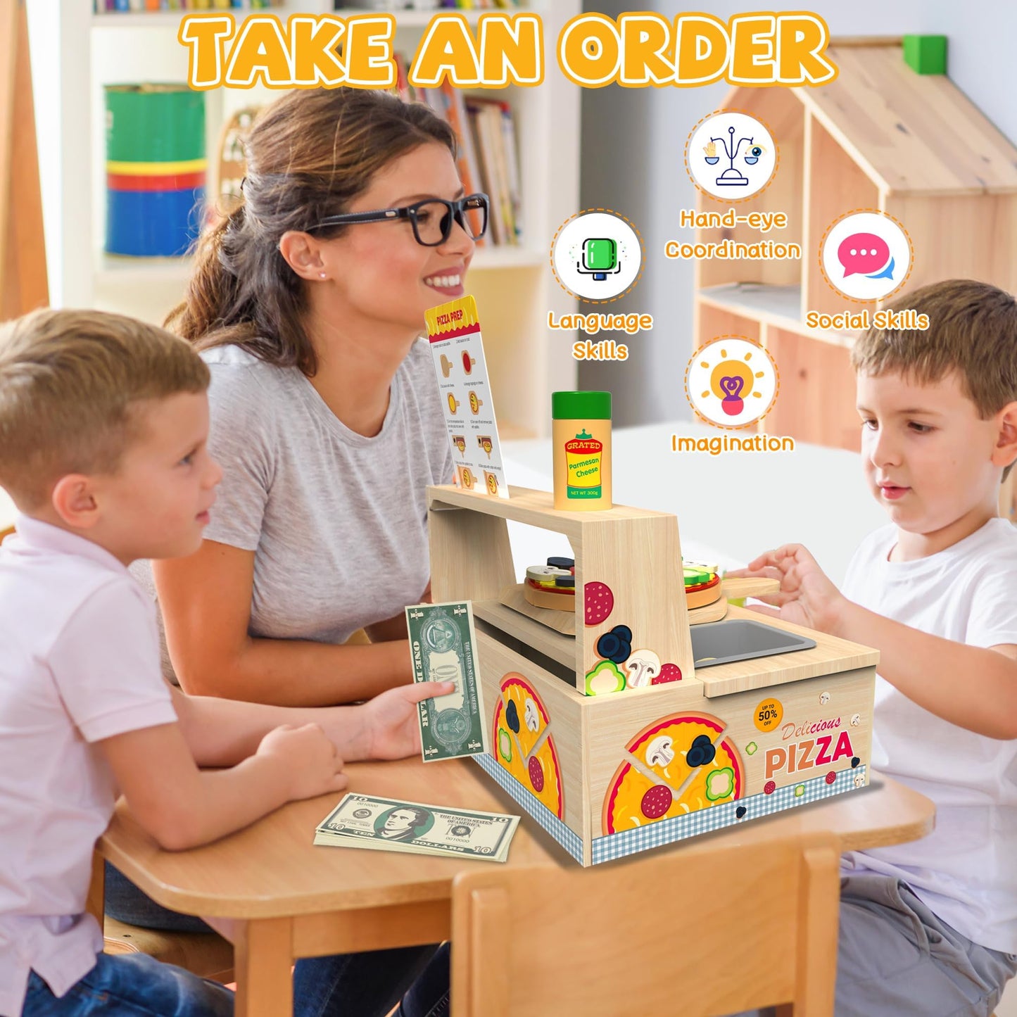 WOODMAM 48-Piece Wooden Pizza Toy – Montessori Pretend Play with Bake Oven