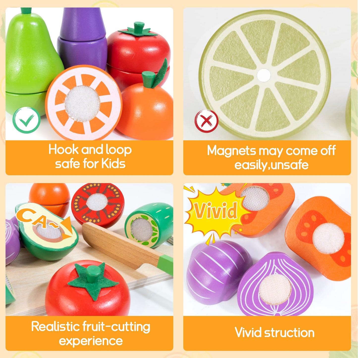 WOODMAM Wooden Play Food for Toddlers – Colorful Fruits & Veggies Cutting Set