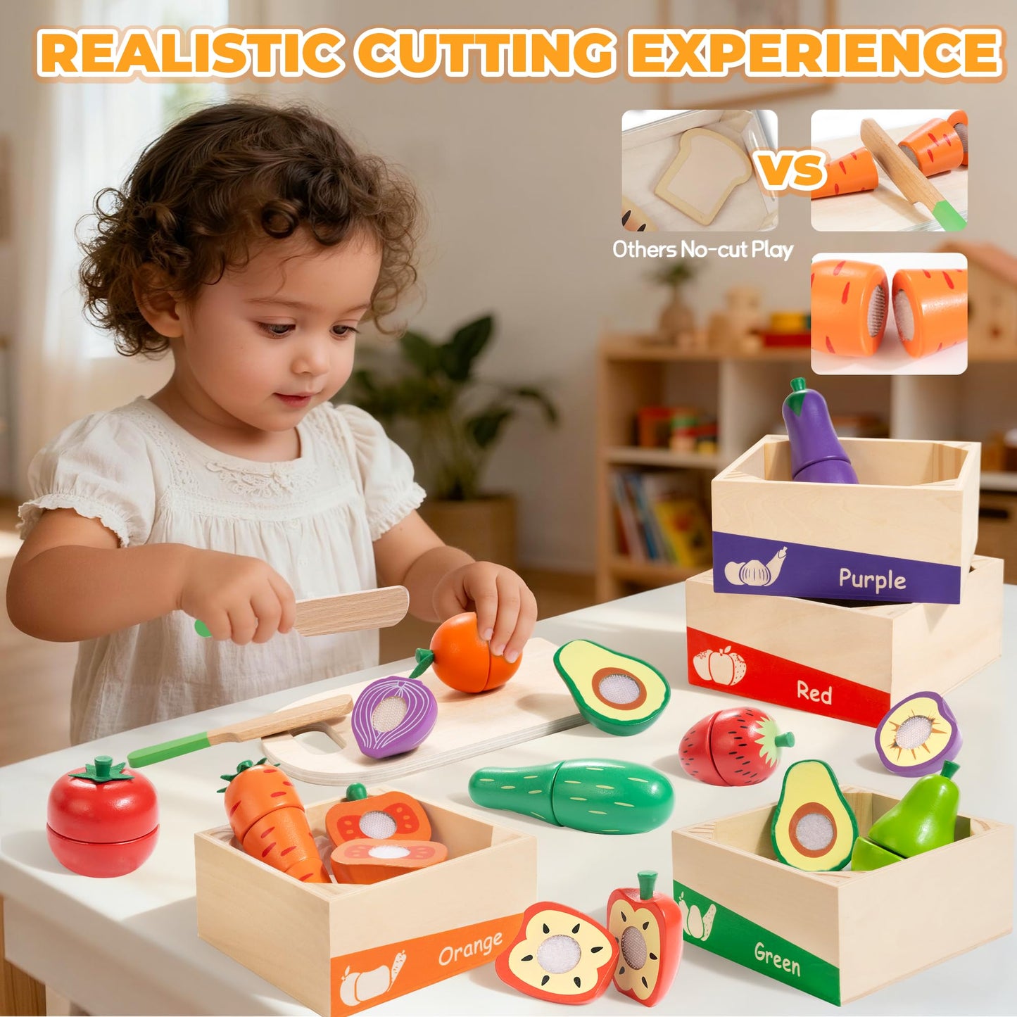 WOODMAM Wooden Play Food for Toddlers – Colorful Fruits & Veggies Cutting Set