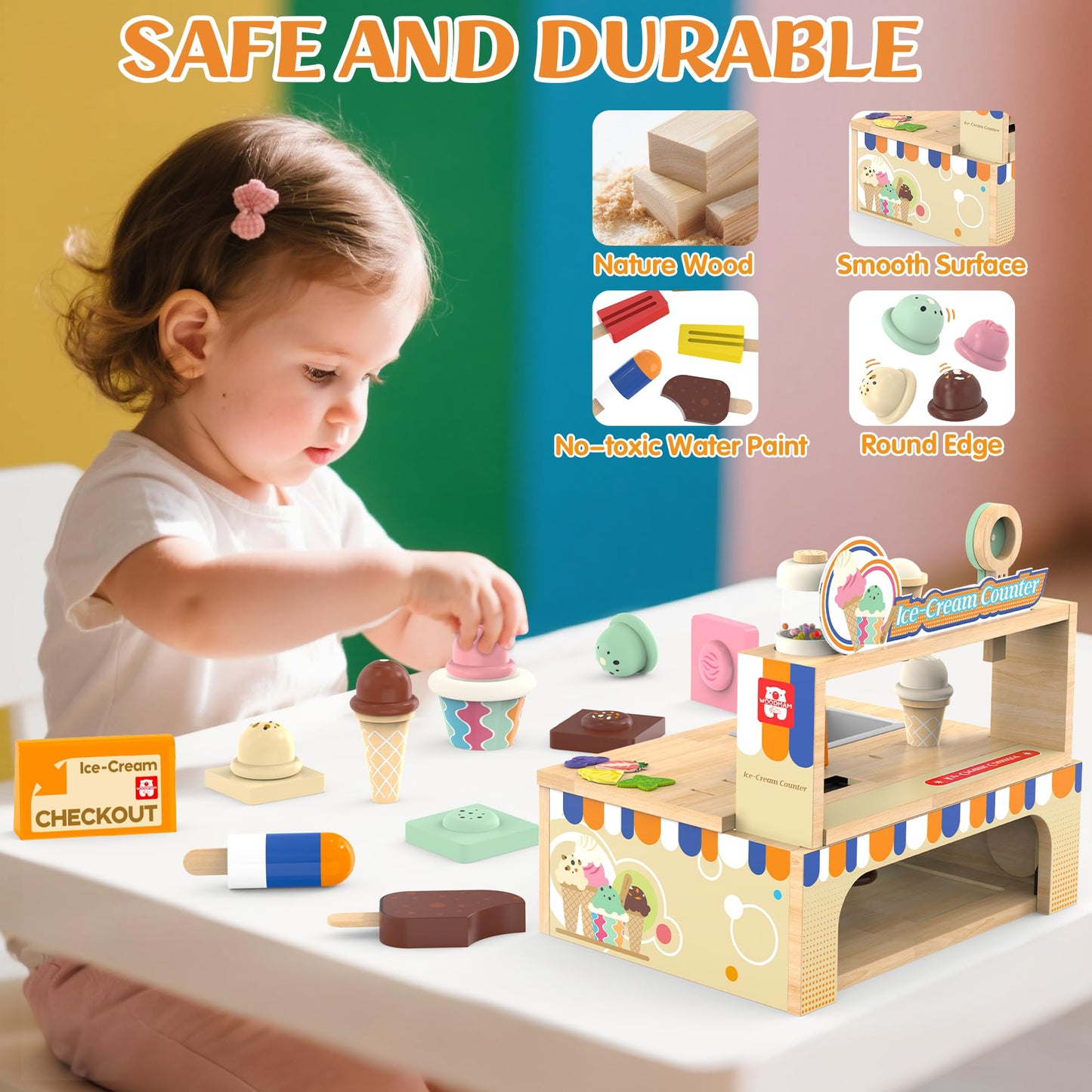 WOODMAM Foldable Wooden Ice Cream Counter – 52-Piece Pretend Play Set for Kids