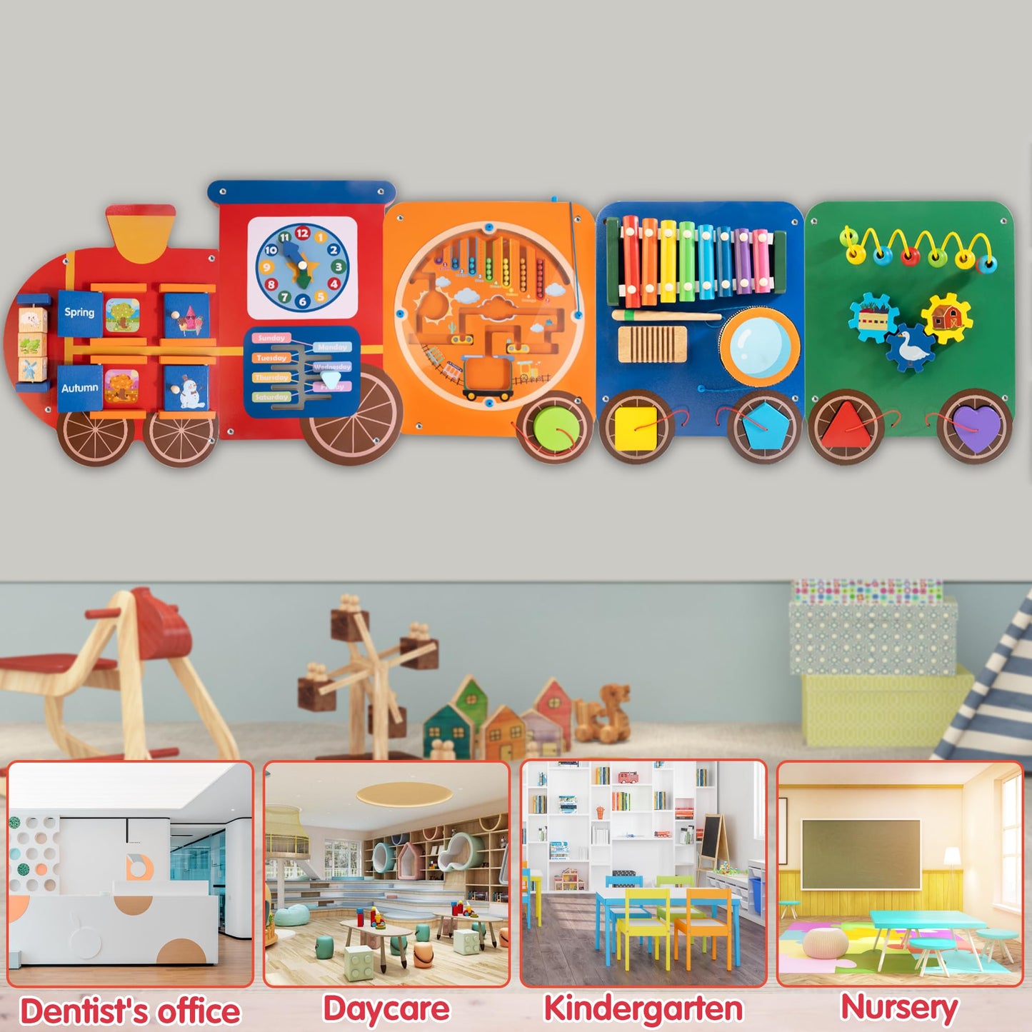 WOODMAM Train Activity Wall Panel — 11-in-1 Montessori Sensory Wall for Kids
