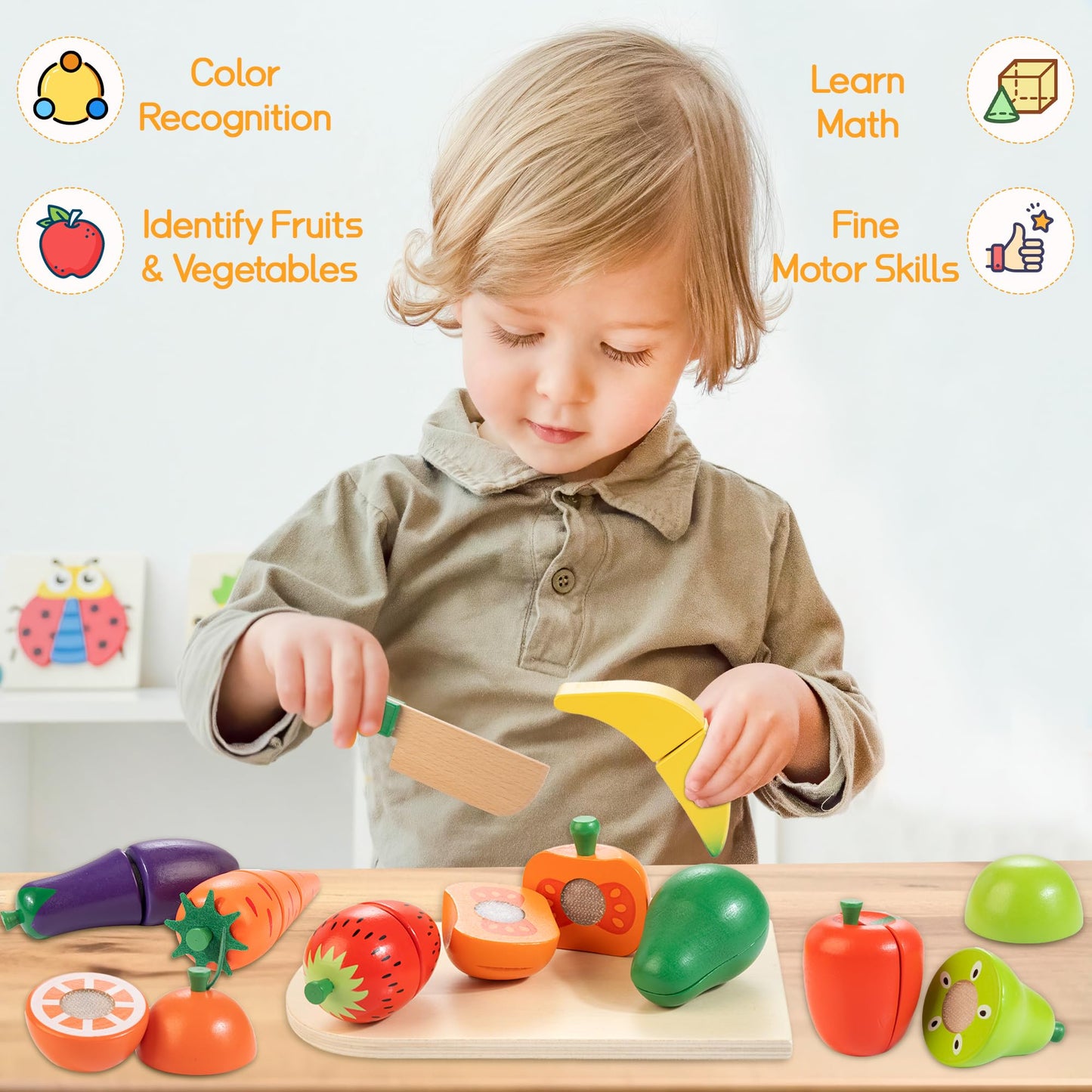 WOODMAM Wooden Play Food & Cutting Set for Toddlers – Pretend Kitchen