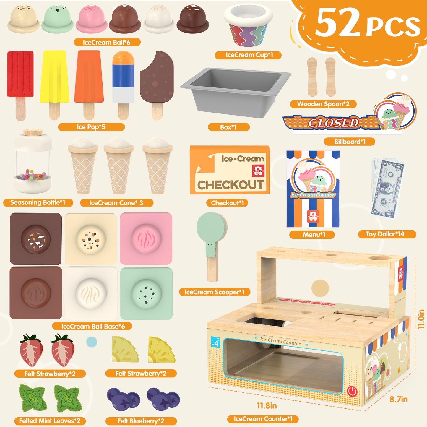 WOODMAM Foldable Wooden Ice Cream Counter – 52-Piece Pretend Play Set for Kids