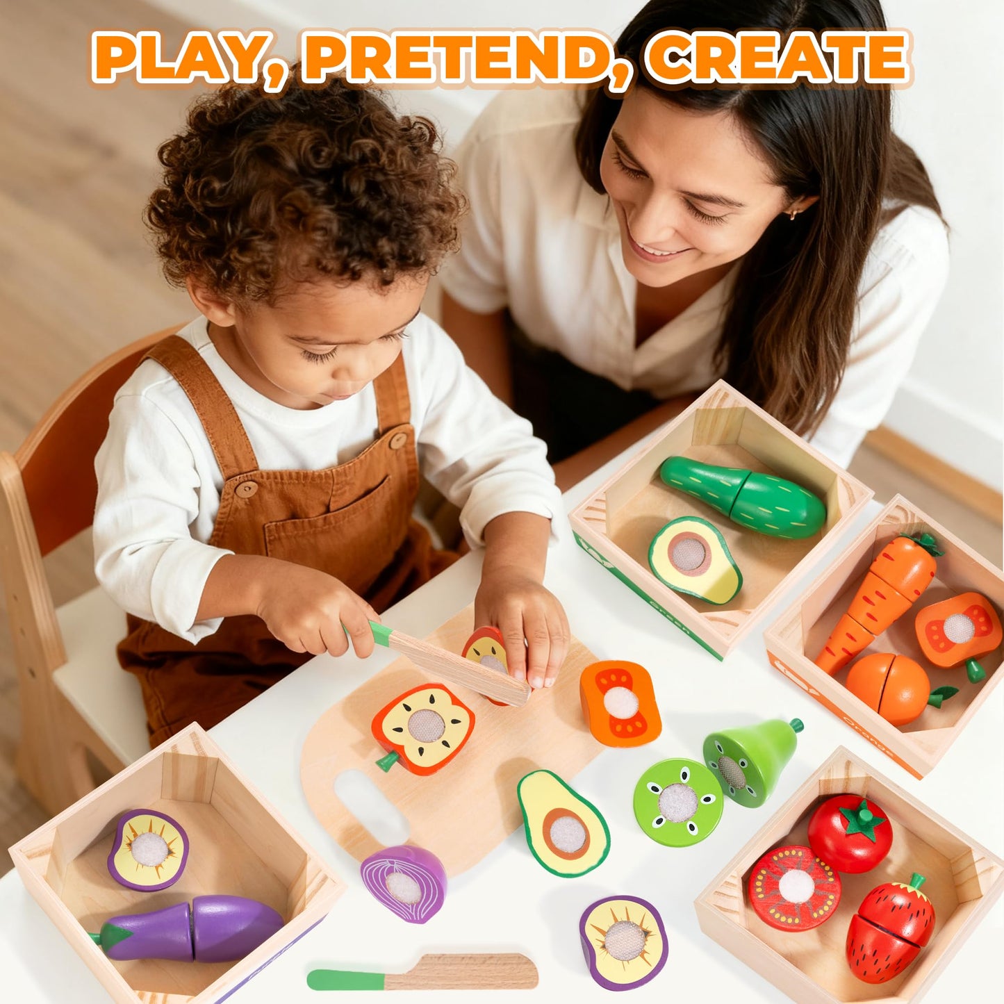 WOODMAM Wooden Play Food for Toddlers – Colorful Fruits & Veggies Cutting Set
