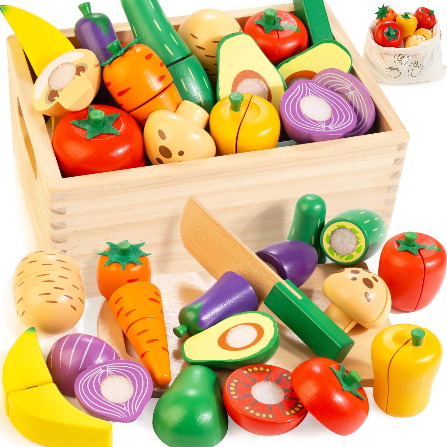 Woodmam Wooden Play Food Set for Kids Kitchen — Cutting Veggies & Fruits with Case