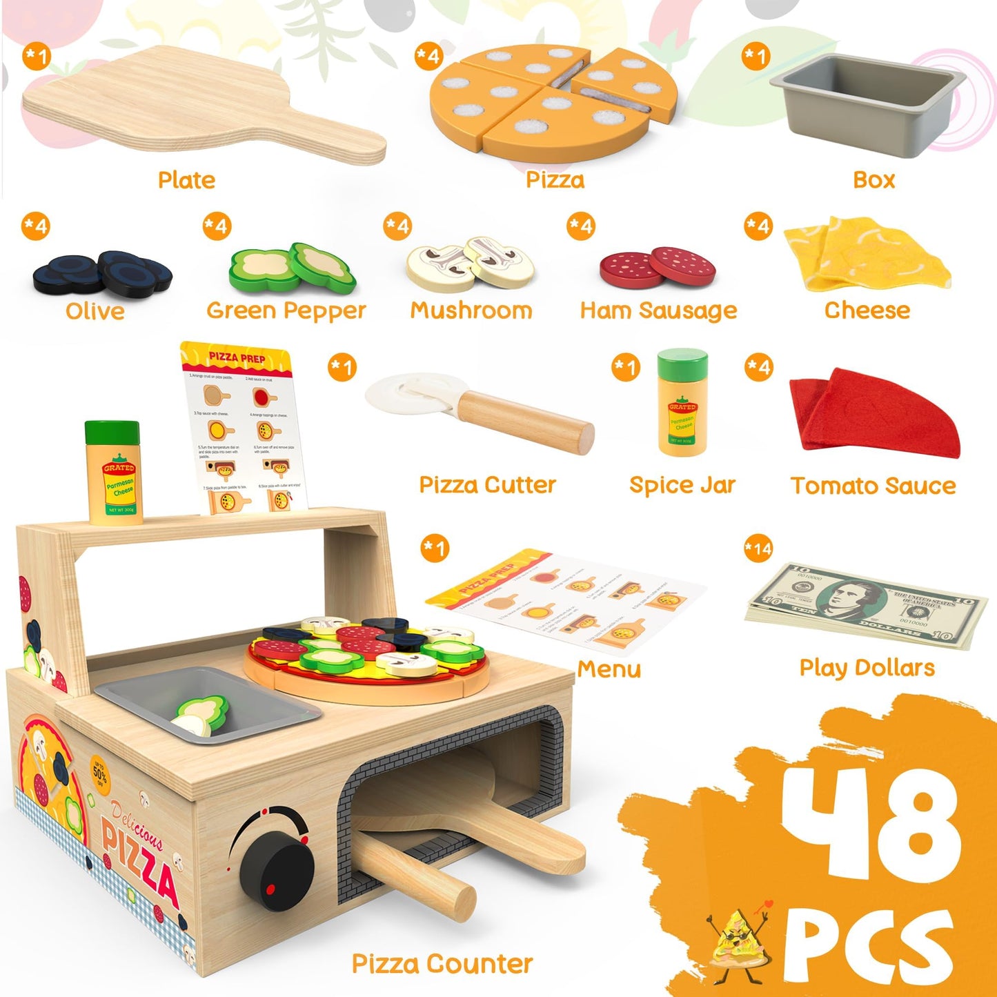WOODMAM 48-Piece Wooden Pizza Toy – Montessori Pretend Play with Bake Oven