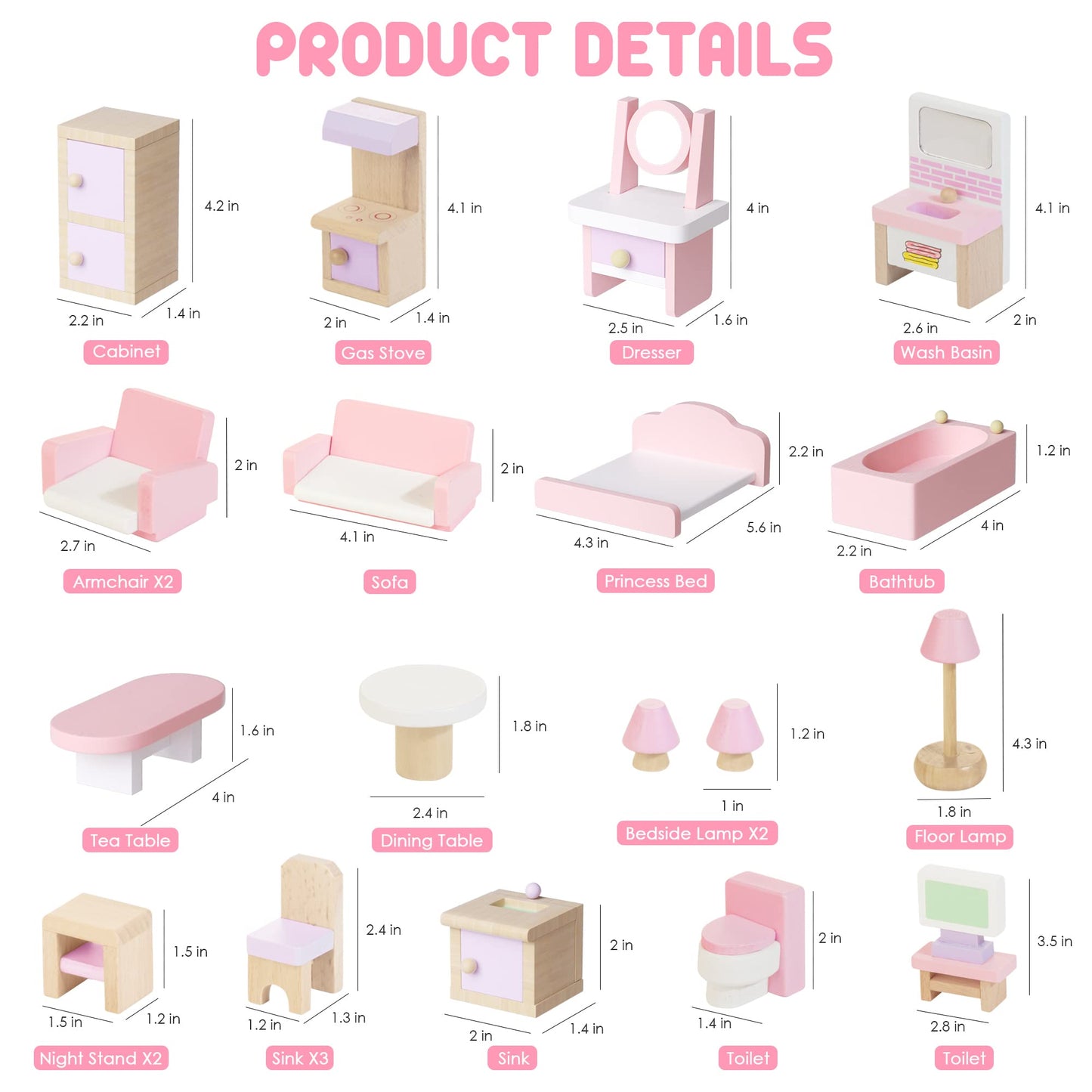 WOODMAM Wooden Dollhouse Furniture Set – 22-Piece, 1:12 Scale with 5 Room Kits