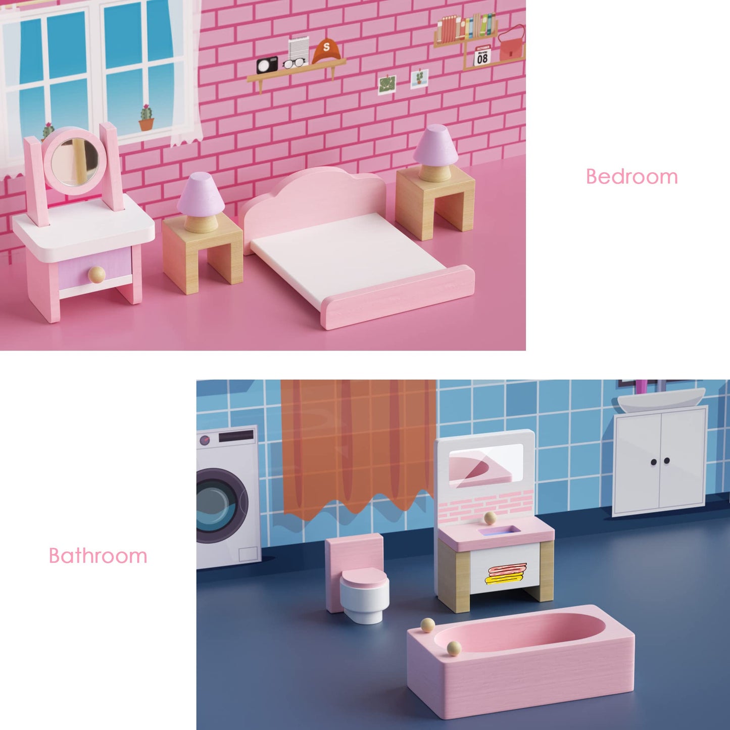 WOODMAM Wooden Dollhouse Furniture Set – 22-Piece, 1:12 Scale with 5 Room Kits