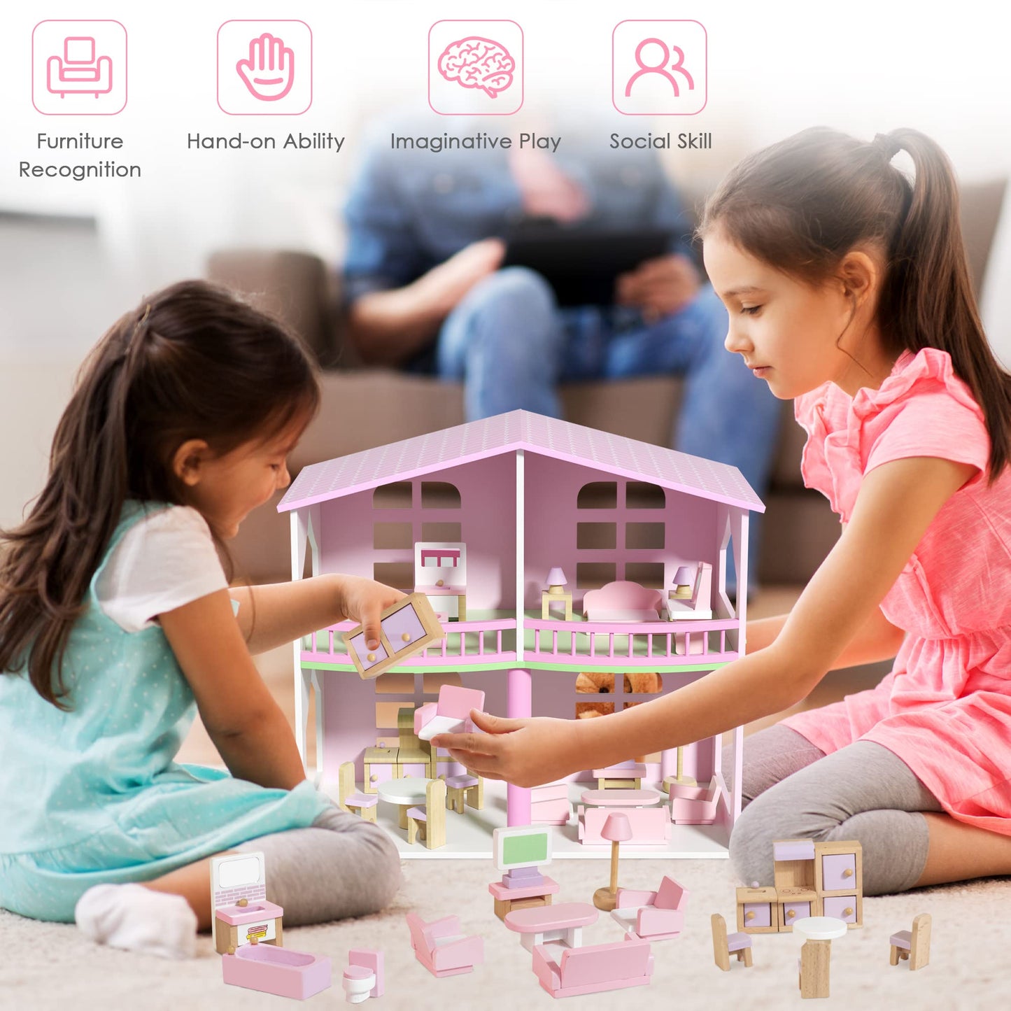 WOODMAM Wooden Dollhouse Furniture Set – 22-Piece, 1:12 Scale with 5 Room Kits