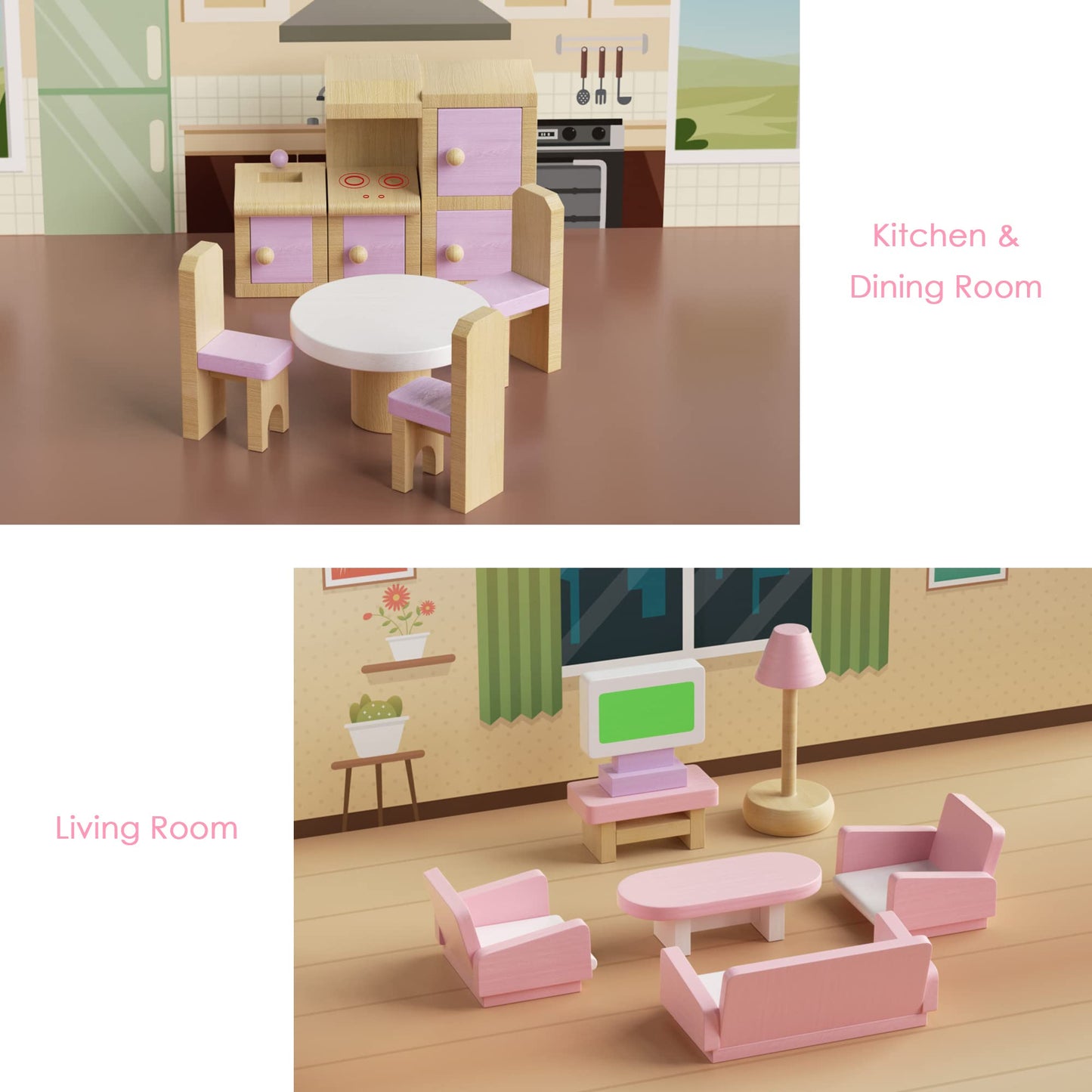 WOODMAM Wooden Dollhouse Furniture Set – 22-Piece, 1:12 Scale with 5 Room Kits