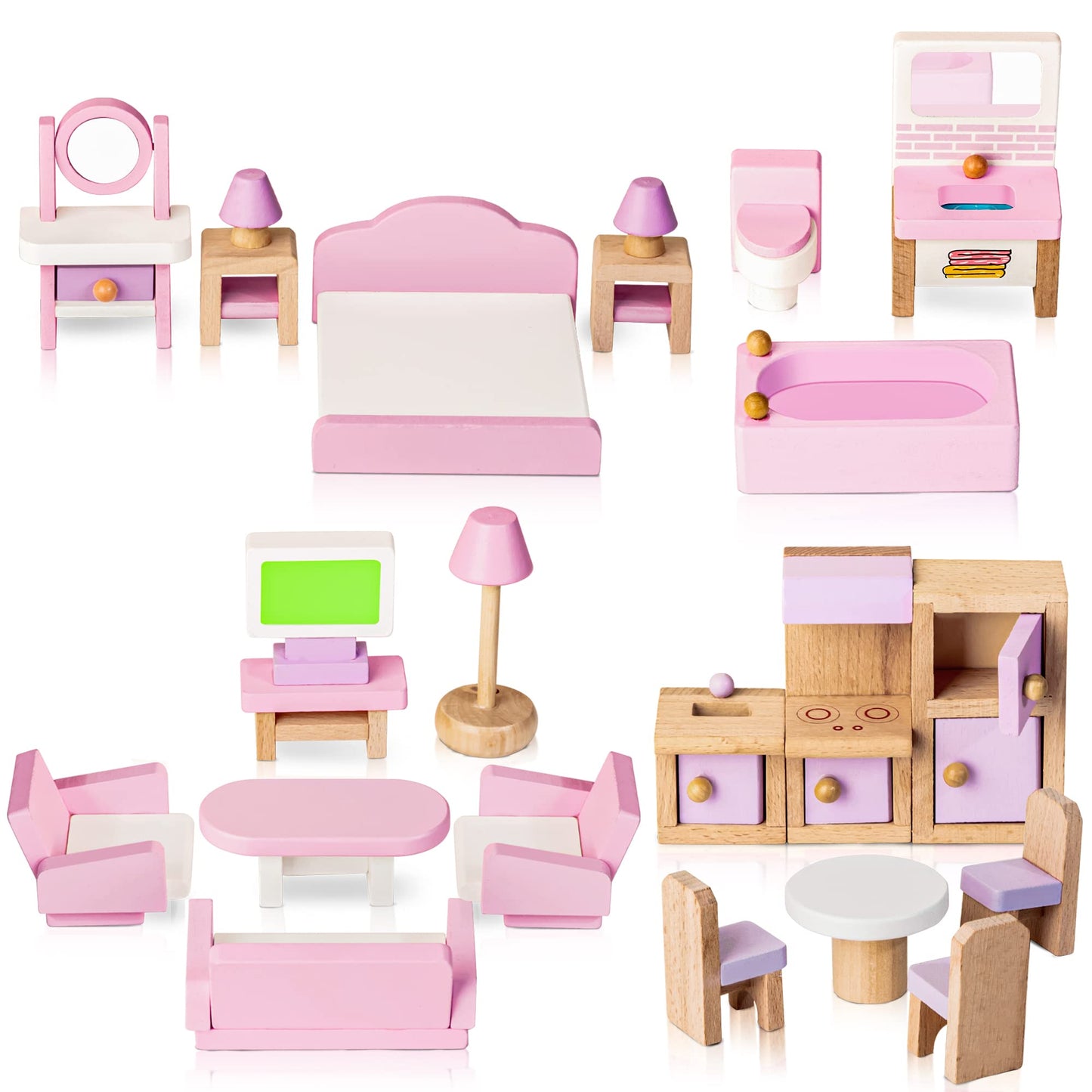WOODMAM Wooden Dollhouse Furniture Set – 22-Piece, 1:12 Scale with 5 Room Kits