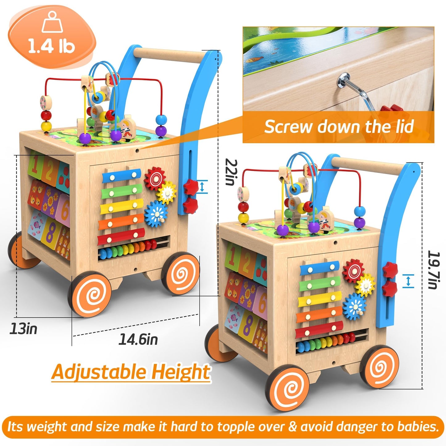 WOODMAM 9-in-1 Wooden Activity Cube & Baby Walker – Height & Brake Adjustable, Montessori-Inspired Learning