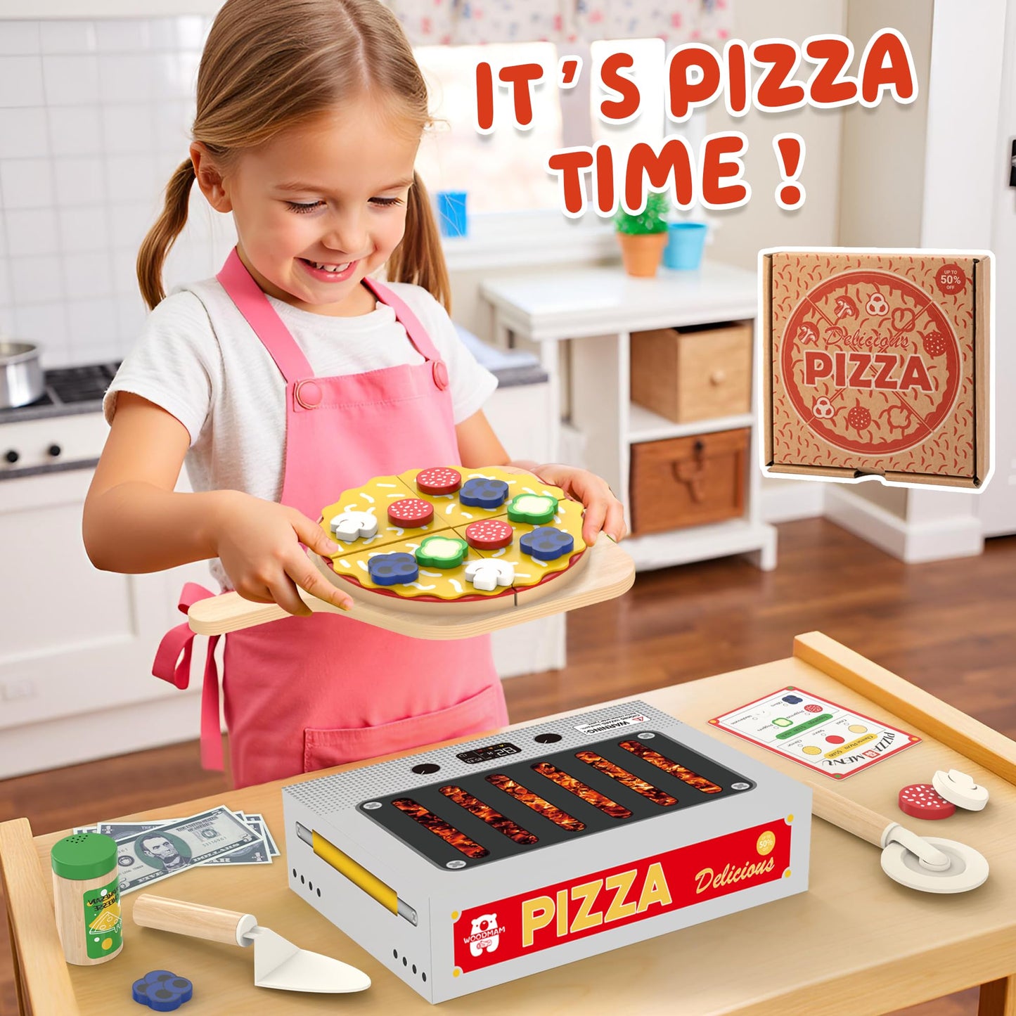 WOODMAM Pizza Toy Set | Montessori Realistic Play Food with Oven Box for Kids Ages 3–6