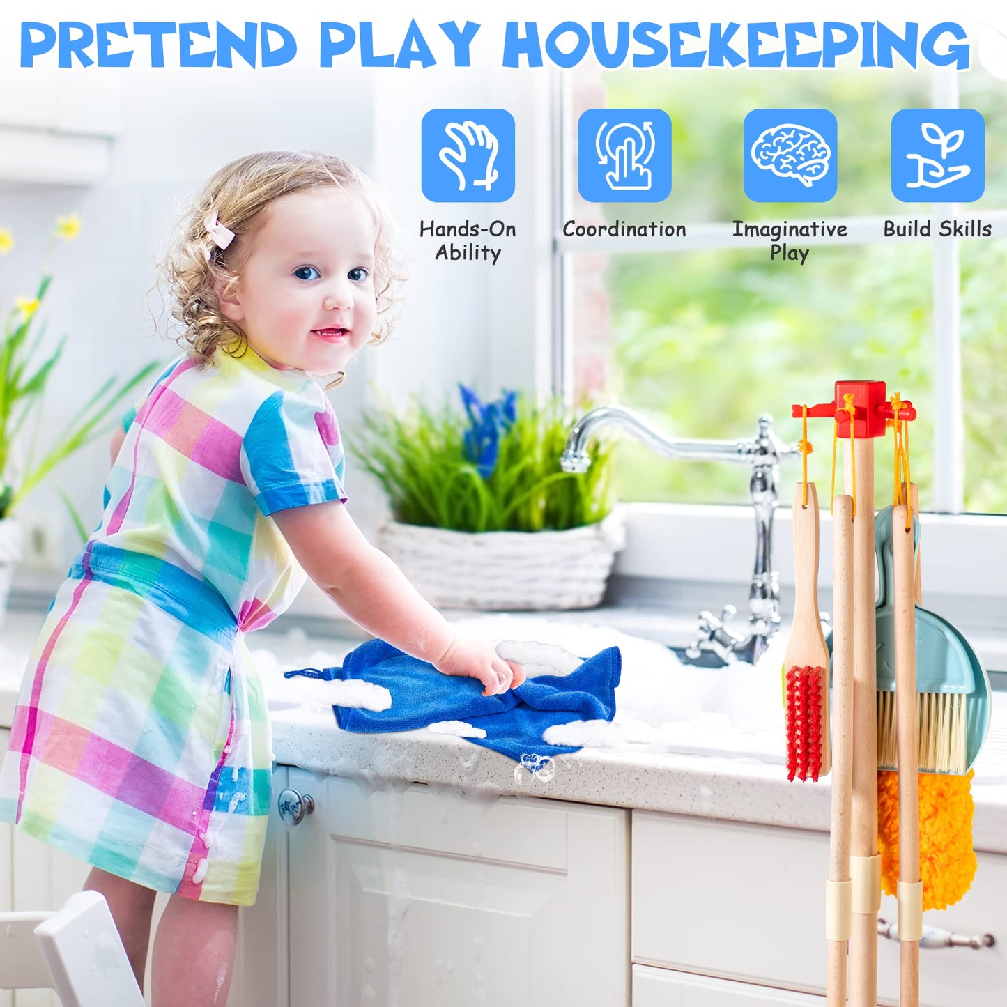 WOODMAM Wooden Kids Cleaning Set – 8-Piece Montessori Pretend Play Toy for Toddlers
